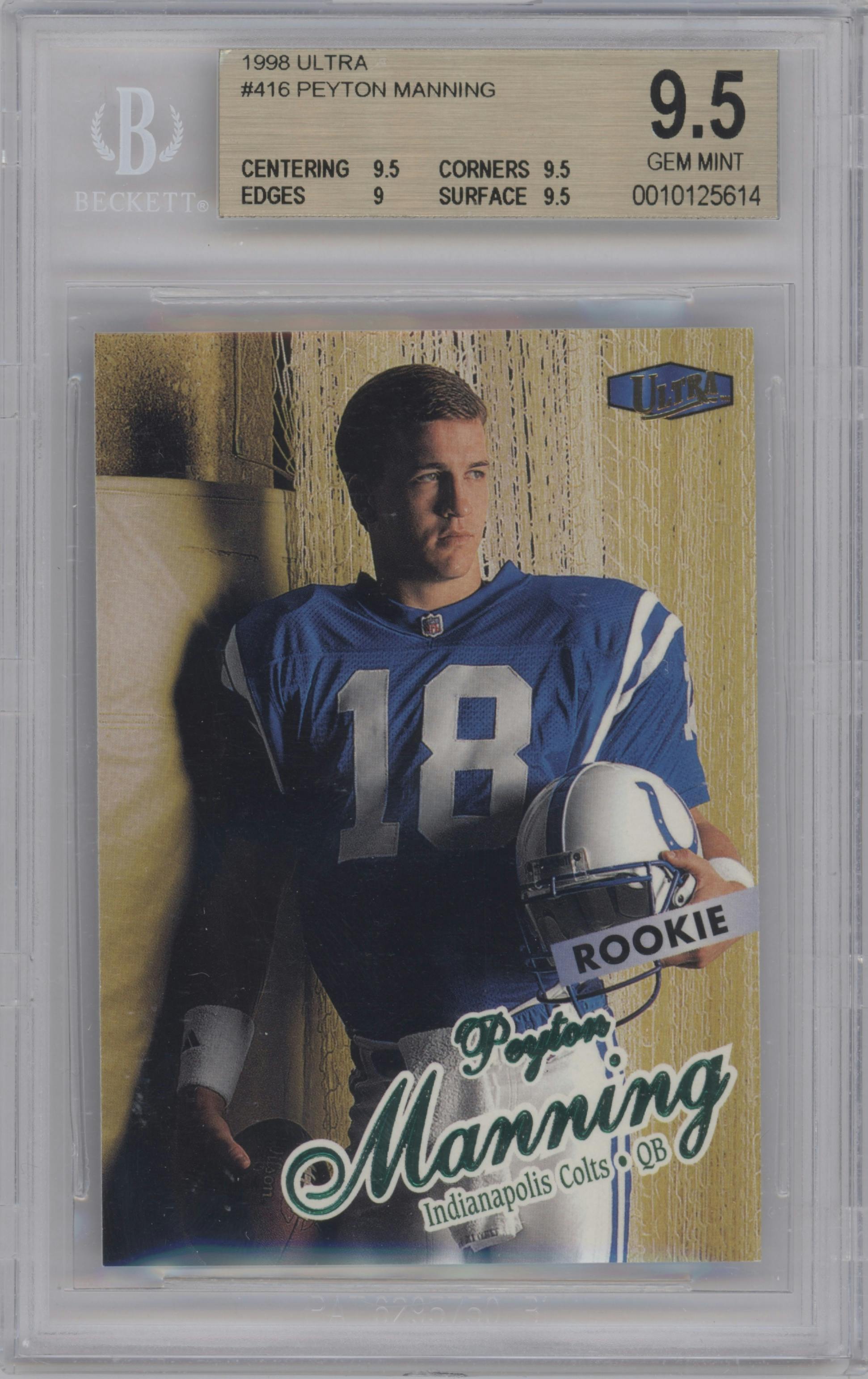 Peyton Manning from the 1998 Fleer Ultra set graded by Beckett and given an overall grade of 9.5.