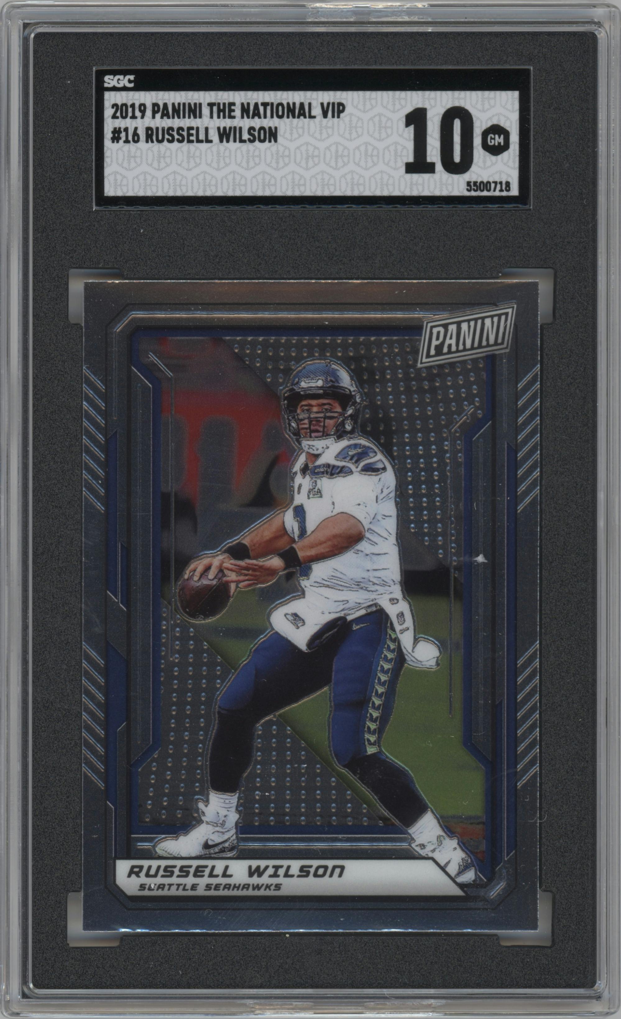 Russell Wilson from the 2019 Panini The National VIP set graded by SGC and given an overall grade of 10.