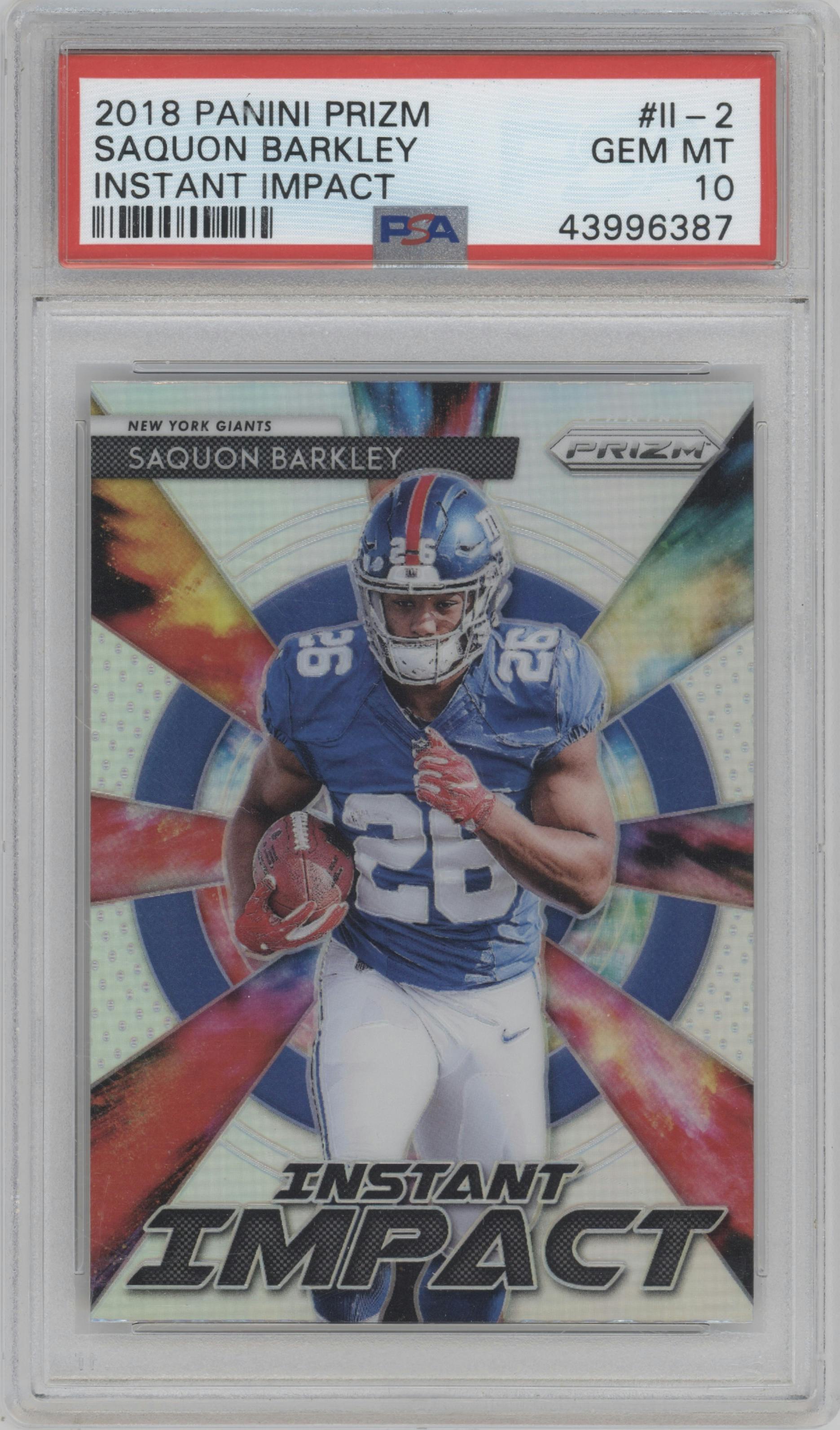 Saquon Barkley from the 2018 Panini Prizm set graded by PSA and given an overall grade of 10.