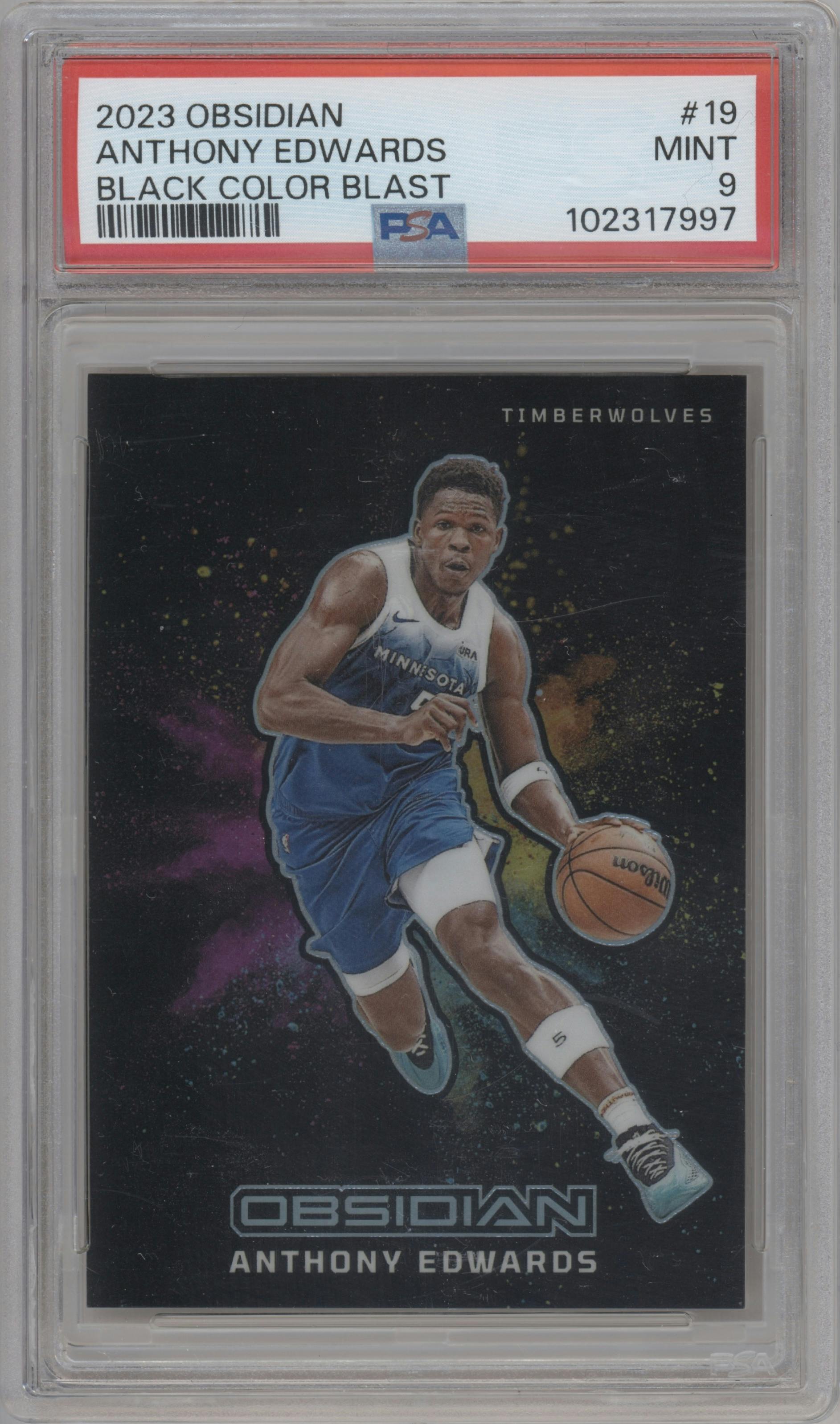 Anthony Edwards from the 2023-24 Panini Obsidian set graded by PSA and given an overall grade of 9.