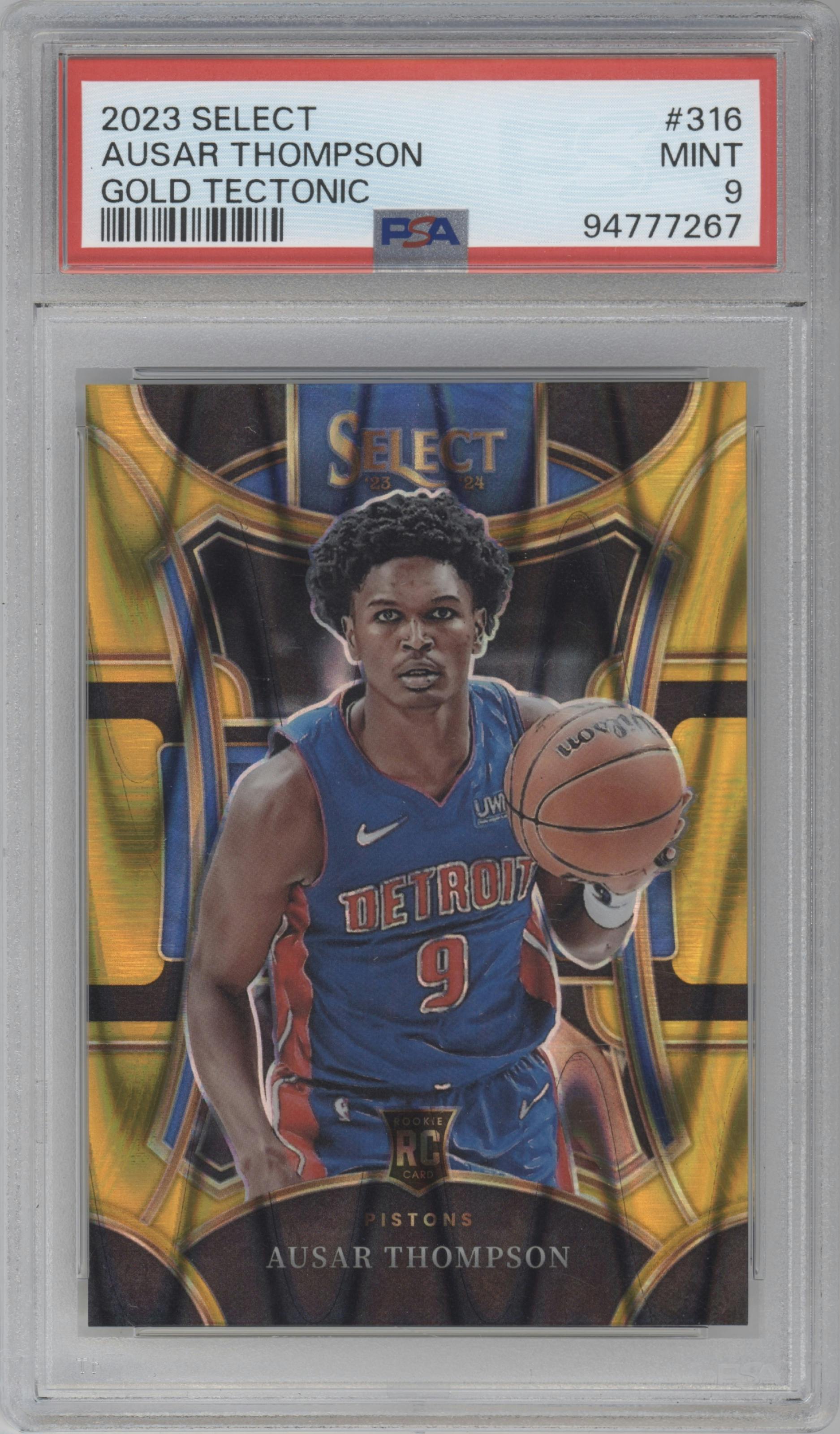 Ausar Thompson from the 2023-24 Panini Select  set featuring a Gold Tectonic parallel graded by PSA and given an overall grade of 9.