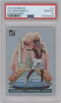 Jayden Daniels from the 2024 Donruss set graded by PSA and given an overall grade of 10.