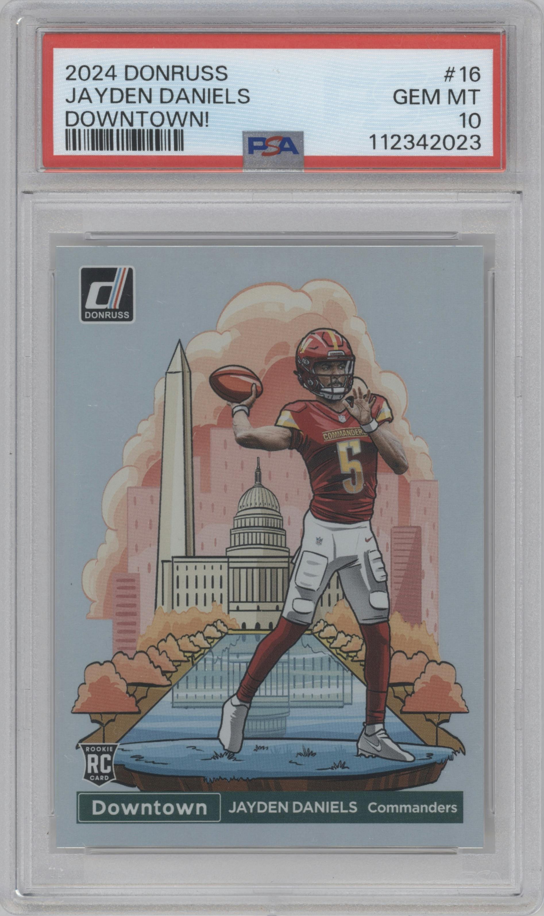 Jayden Daniels from the 2024 Donruss set graded by PSA and given an overall grade of 10.