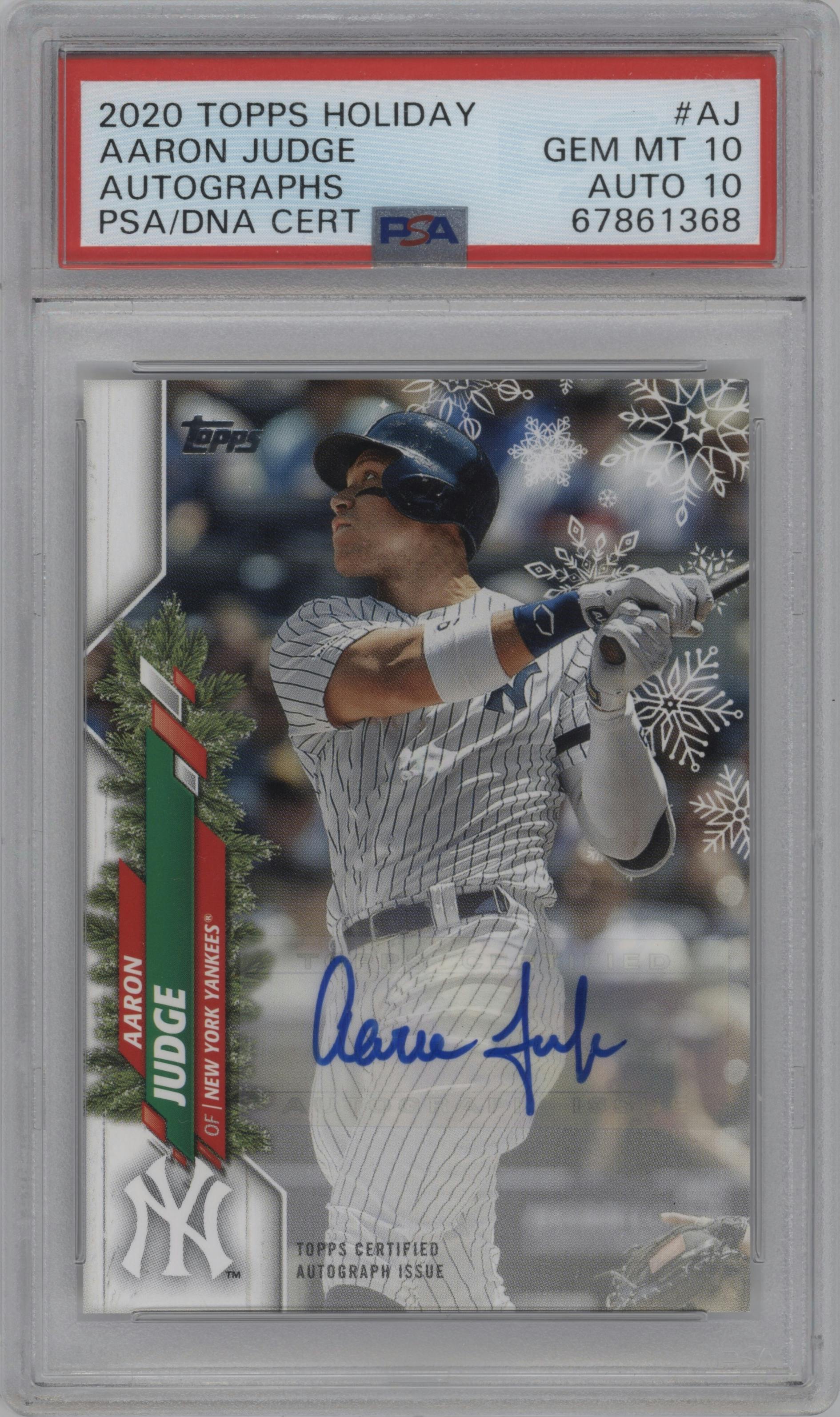 Aaron Judge  from the 2020 Topps Holiday Mega Box set graded by PSA and given an overall grade of 10.