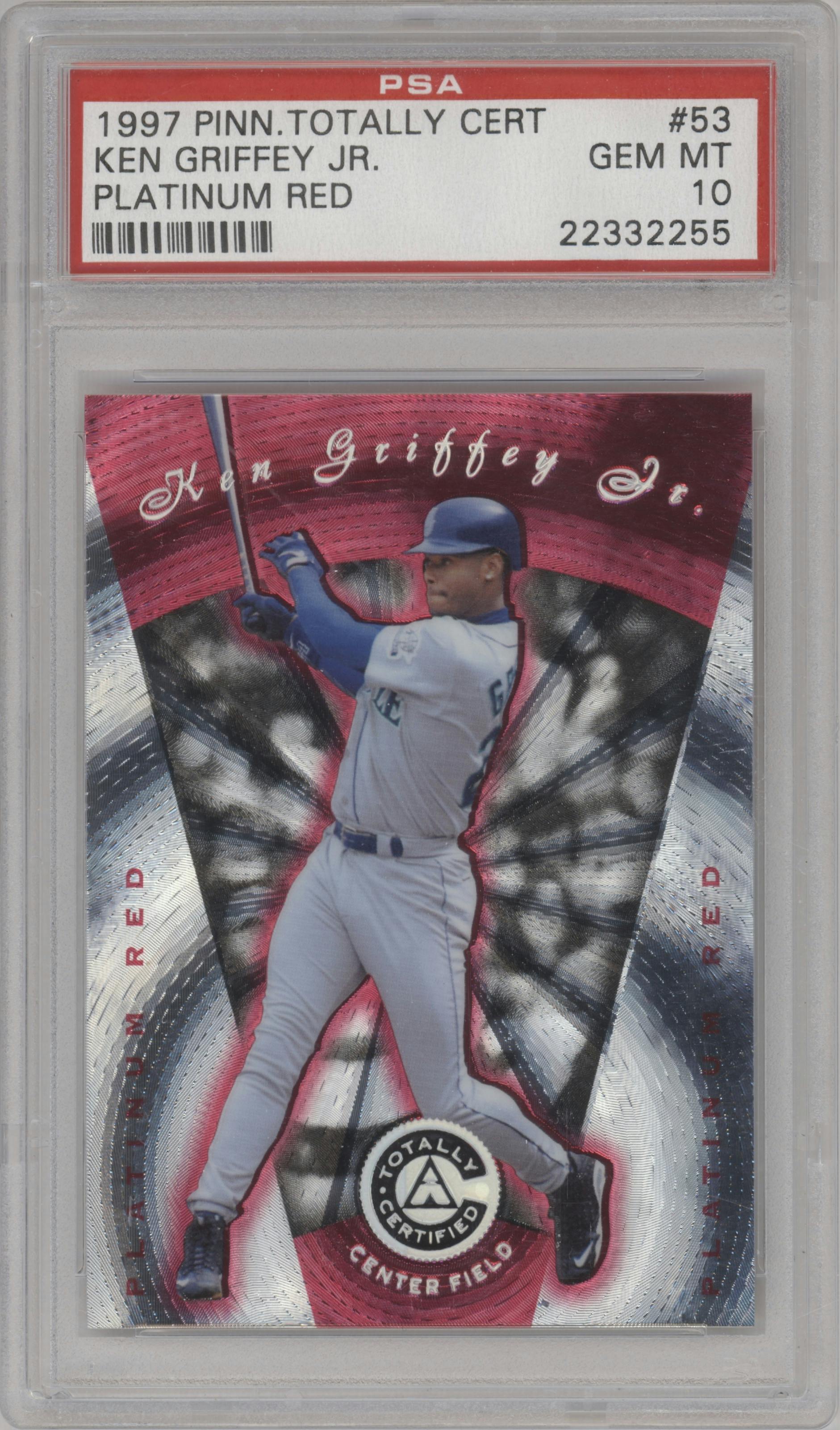 Ken Griffey Jr. from the 1997 Pinnacle Totally Certified set featuring a Platinum Red parallel graded by PSA and given an overall grade of 10.