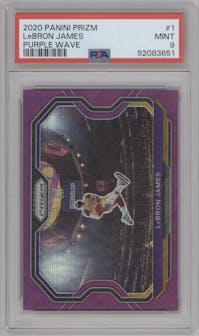 LeBron James from the 2020-21 Panini Prizm set featuring a Purple Wave parallel graded by PSA and given an overall grade of 9.