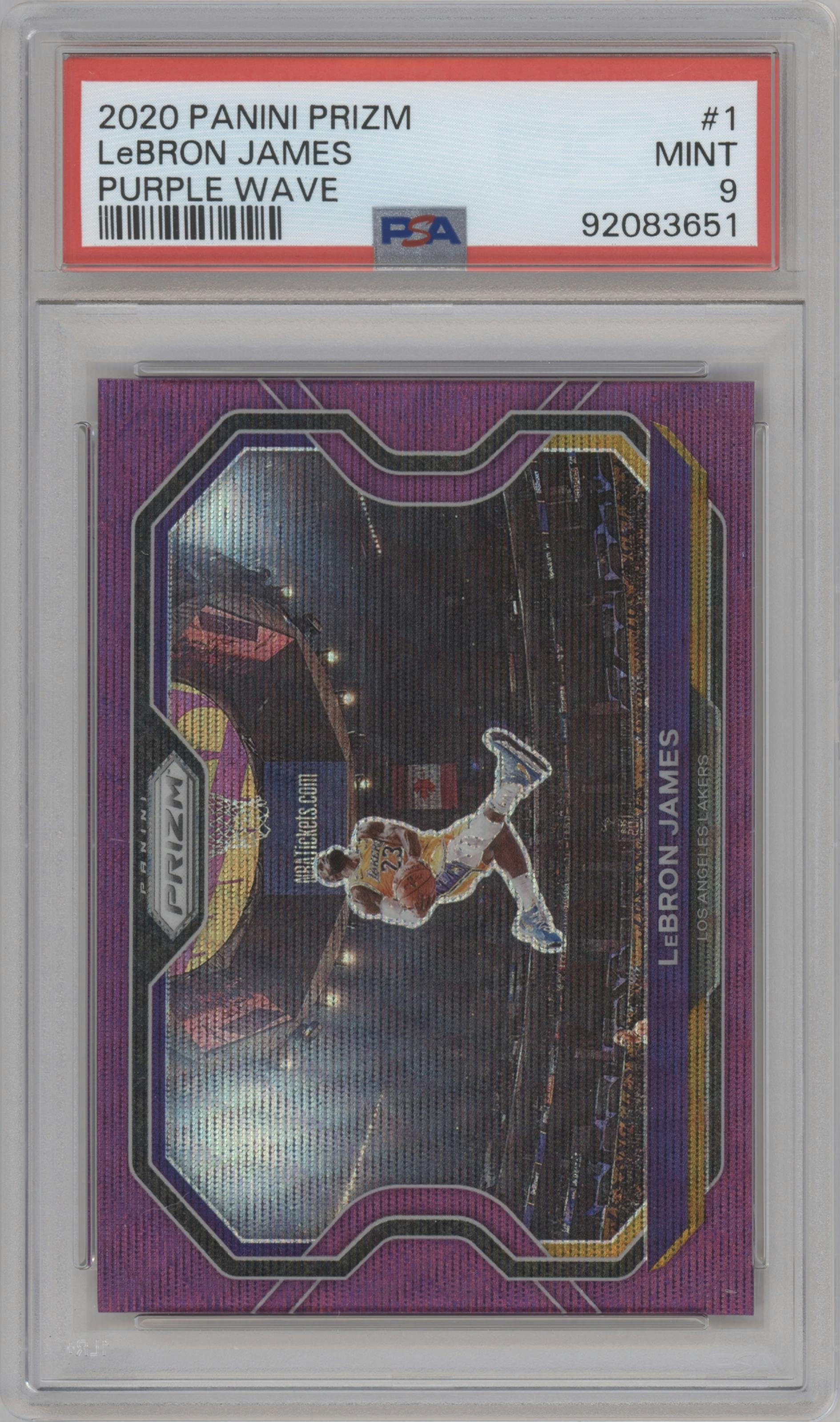 LeBron James from the 2020-21 Panini Prizm set featuring a Purple Wave parallel graded by PSA and given an overall grade of 9.