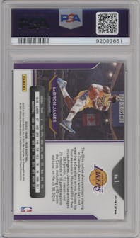 LeBron James from the 2020-21 Panini Prizm set featuring a Purple Wave parallel graded by PSA and given an overall grade of 9.