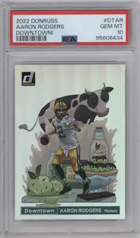 Aaron Rodgers from the 2022 Panini Donruss set graded by PSA and given an overall grade of 10.