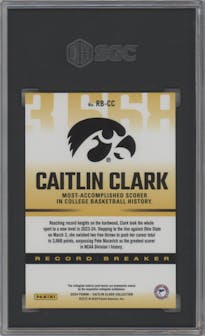 Caitlin Clark from the 2024 Panini Caitlin Clark Collection set graded by SGC and given an overall grade of 9.
