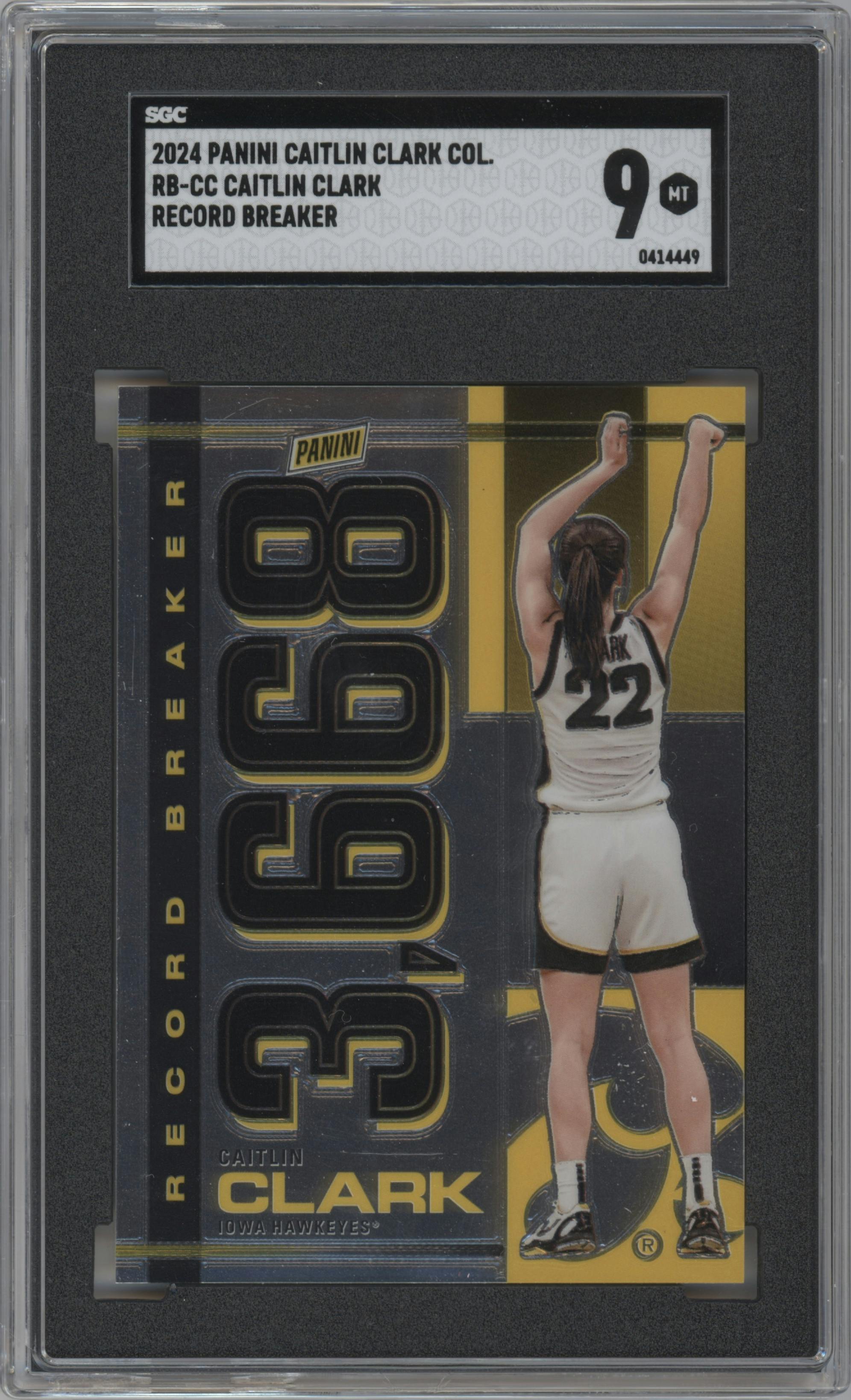Caitlin Clark from the 2024 Panini Caitlin Clark Collection set graded by SGC and given an overall grade of 9.