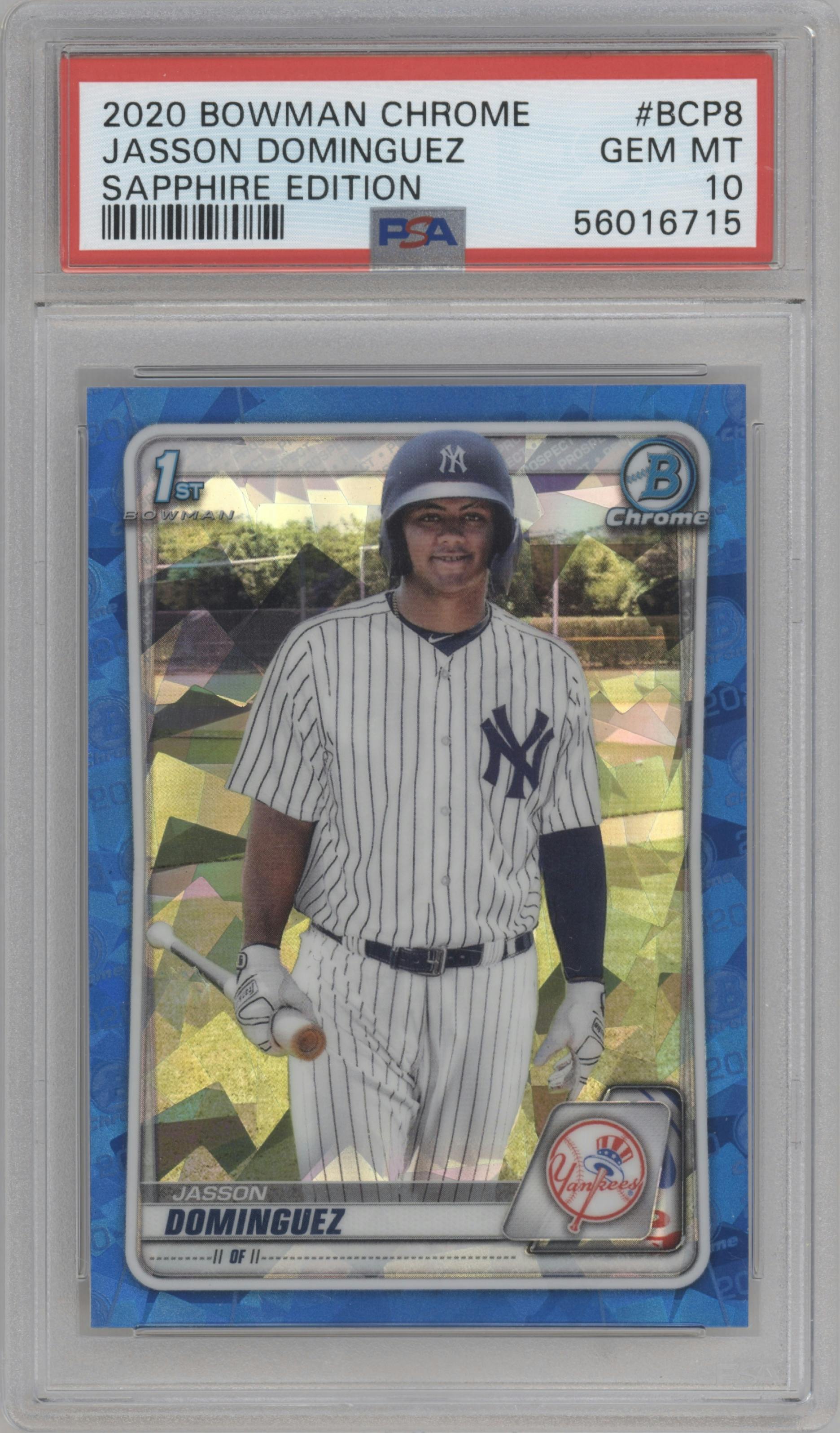 Jasson Dominguez from the 2020 Bowman Sapphire Edition set graded by PSA and given an overall grade of 10.
