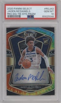 Jaden McDaniels from the 2020-21 Panini Select  set featuring a Tie-Dye parallel graded by PSA and given an overall grade of 10.