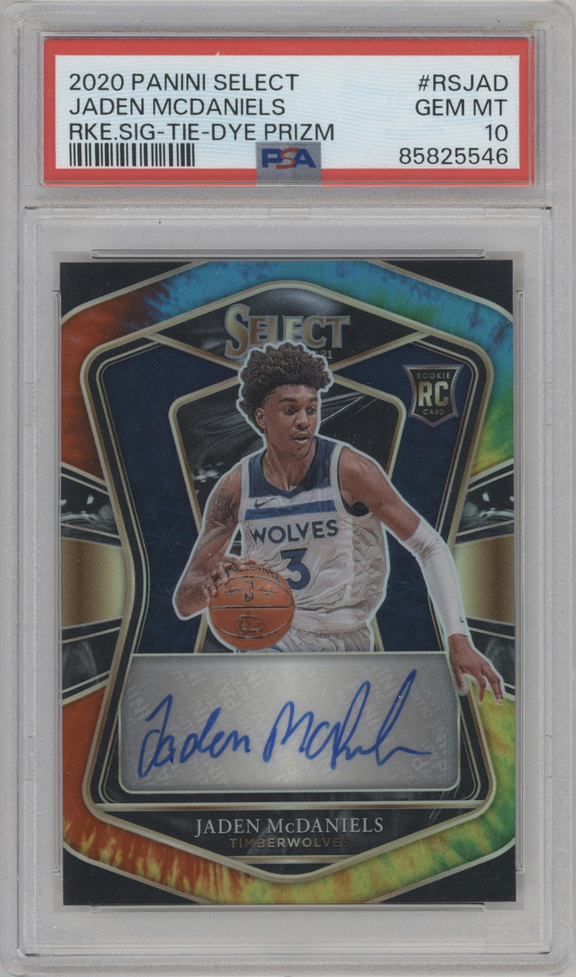 Jaden McDaniels from the 2020-21 Panini Select  set featuring a Tie-Dye parallel graded by PSA and given an overall grade of 10.