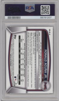 Ronald Acuna Jr. from the 2023 Topps The National VIP set featuring a Mini-Diamond Refractor parallel graded by PSA and given an overall grade of 10.