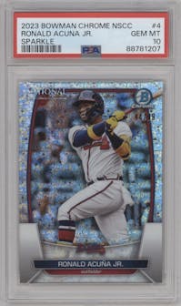 Ronald Acuna Jr. from the 2023 Topps The National VIP set featuring a Mini-Diamond Refractor parallel graded by PSA and given an overall grade of 10.