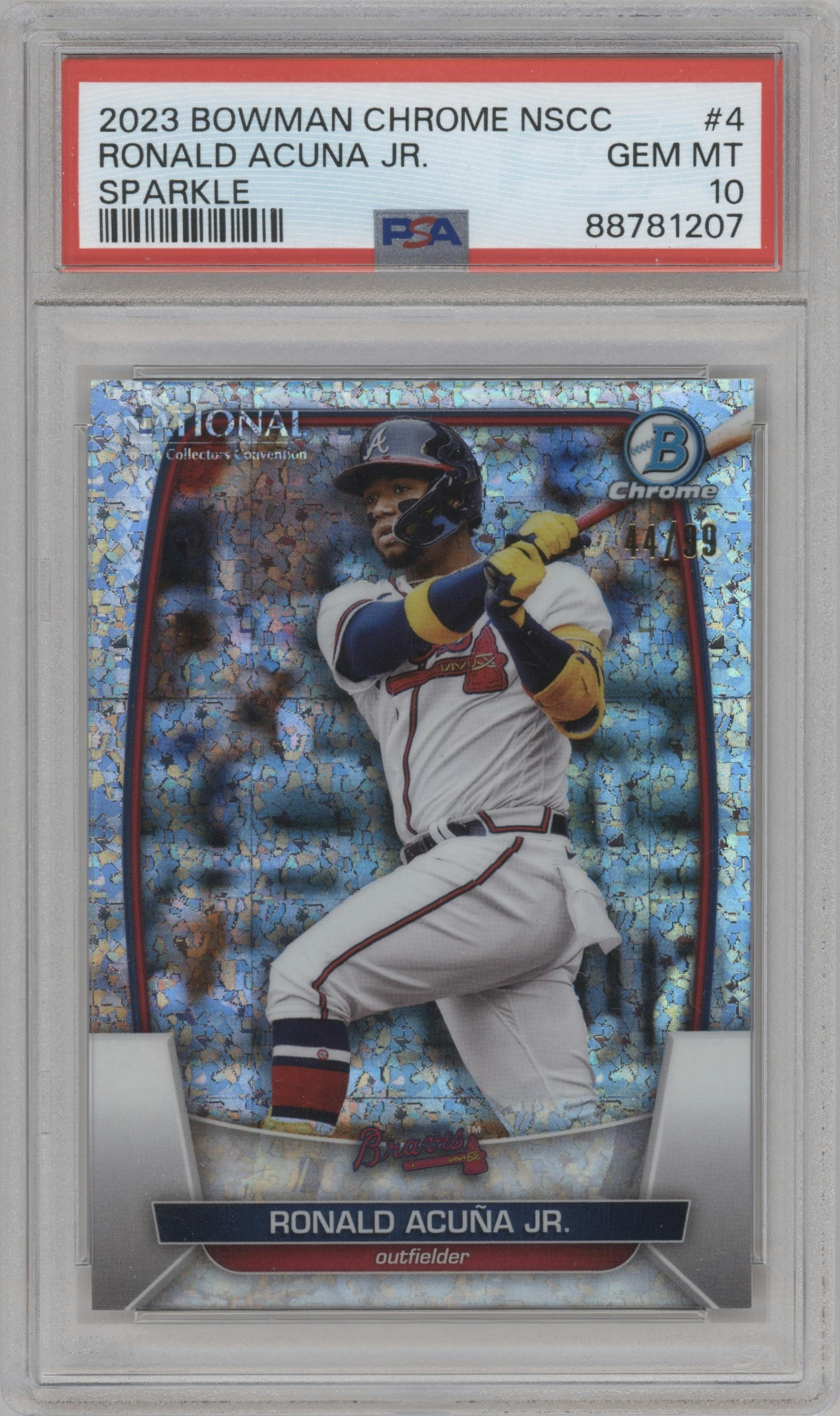 Ronald Acuna Jr. from the 2023 Topps The National VIP set featuring a Mini-Diamond Refractor parallel graded by PSA and given an overall grade of 10.