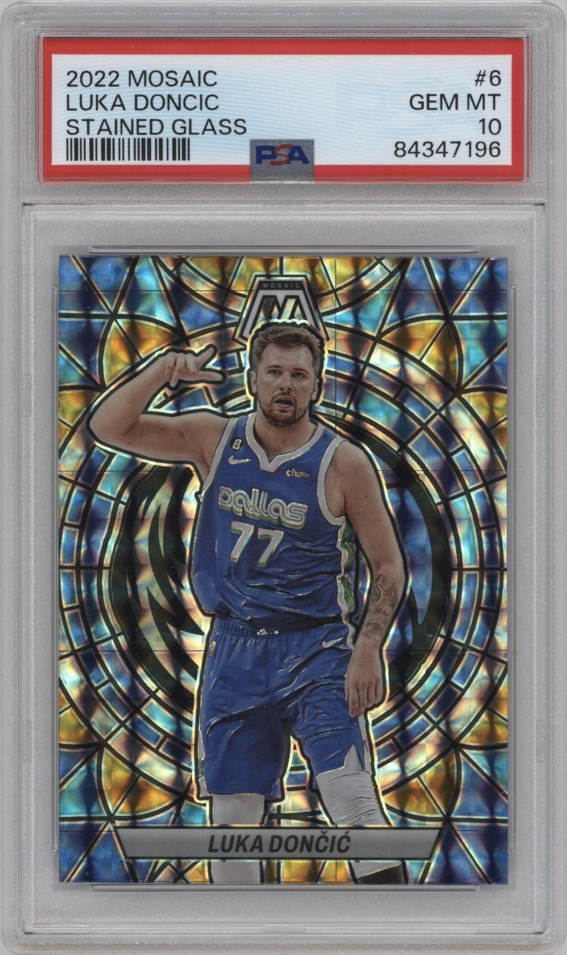 Luka Doncic from the 2022-23 Panini Mosaic set graded by PSA and given an overall grade of 10.