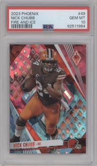 Nick Chubb from the 2023 Panini Phoenix set featuring a Fire & Ice parallel graded by PSA and given an overall grade of 10.