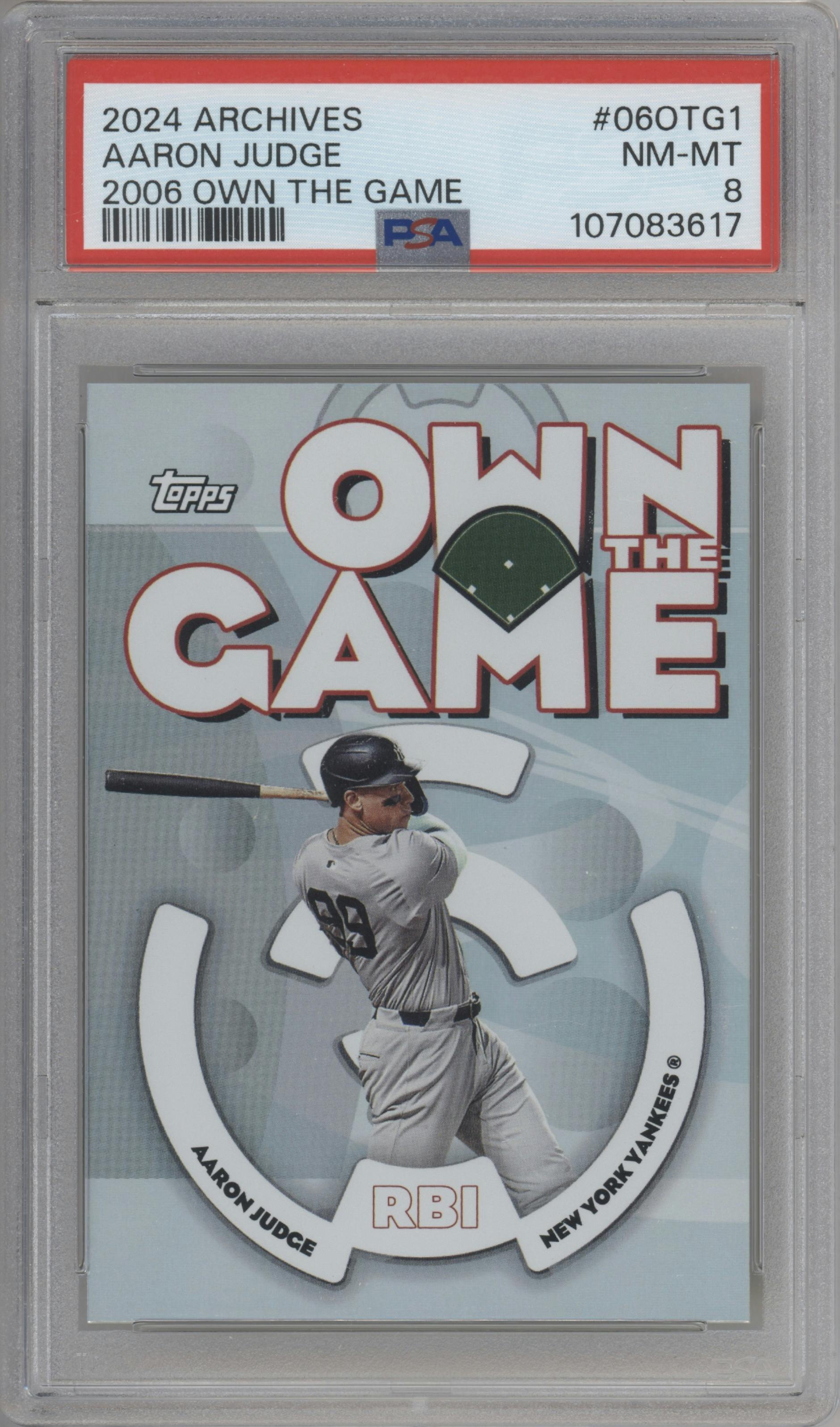 Aaron Judge from the 2024 Topps Archives set graded by PSA and given an overall grade of 8.