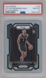 Victor Wembanyama from the 2023-24 Panini Prizm set featuring a Silver Prizm parallel graded by PSA and given an overall grade of 10.