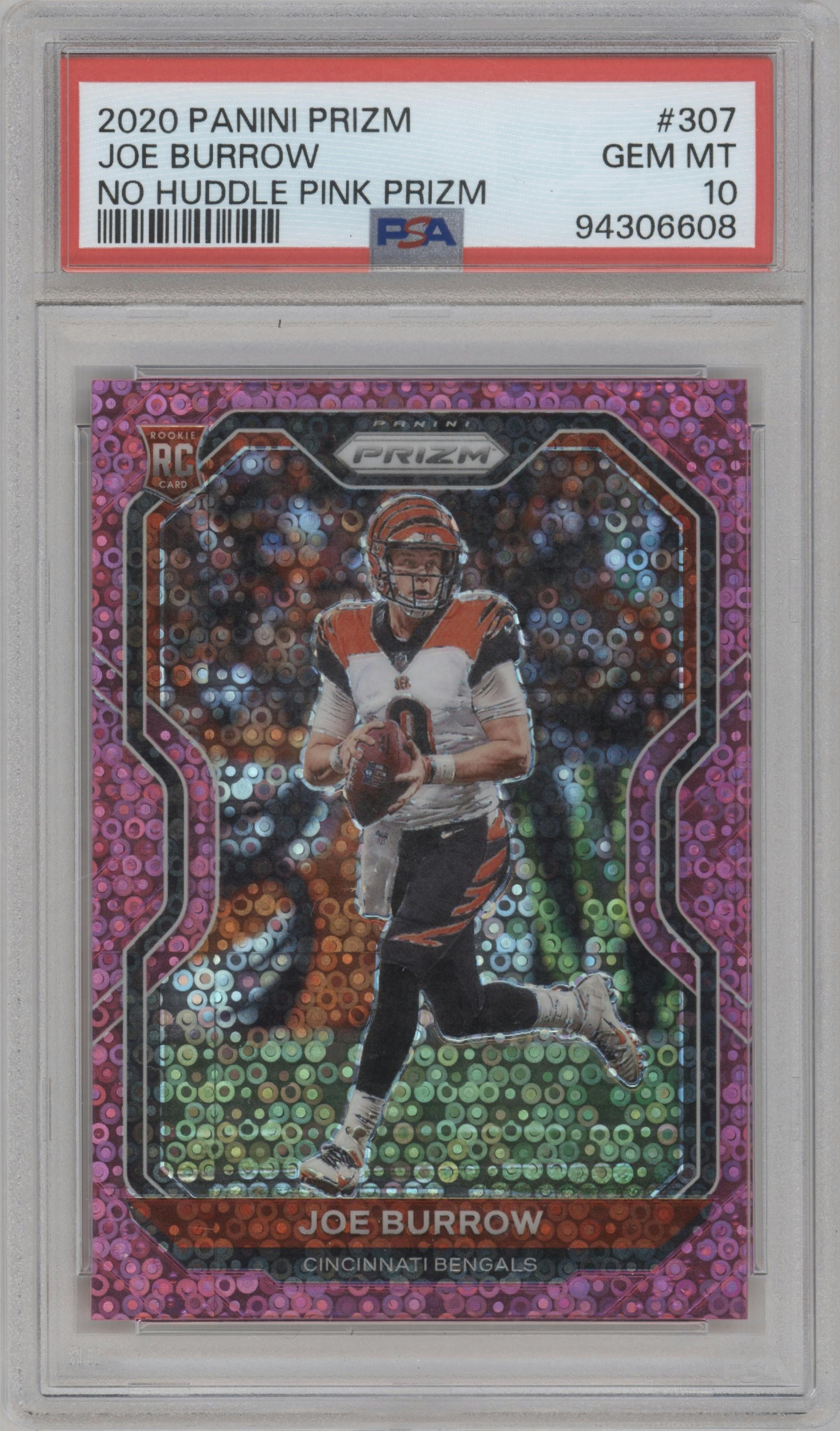 Joe Burrow from the 2020 Panini Prizm set featuring a No Huddle Pink parallel graded by PSA and given an overall grade of 10.