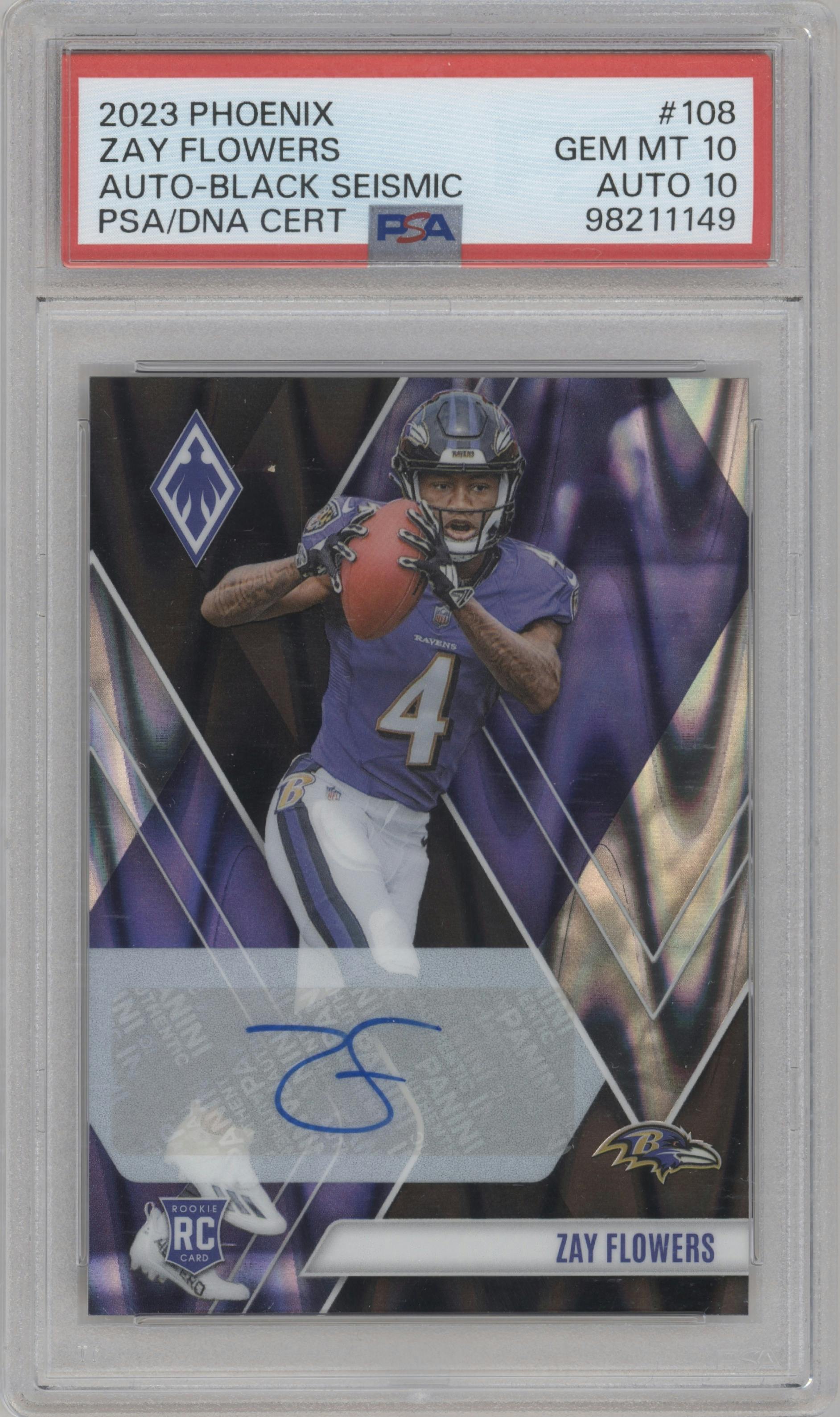 Zay Flowers from the 2023 Panini Phoenix set featuring a Black Seismic parallel graded by PSA and given an overall grade of 10.