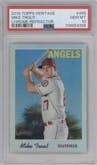 Mike Trout from the 2019 Topps Heritage set featuring a Refractor parallel graded by PSA and given an overall grade of 10.