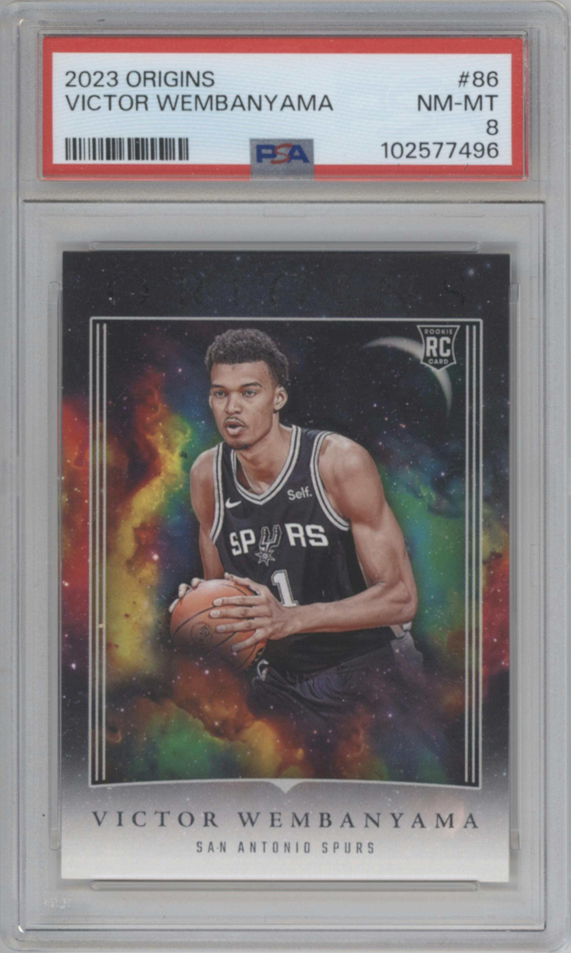 Victor Wembanyama from the 2023-24 Panini Origins set graded by PSA and given an overall grade of 8.