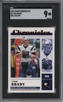 Tom Brady from the 2022 Panini Chronicles set featuring a Red parallel graded by SGC and given an overall grade of 9.