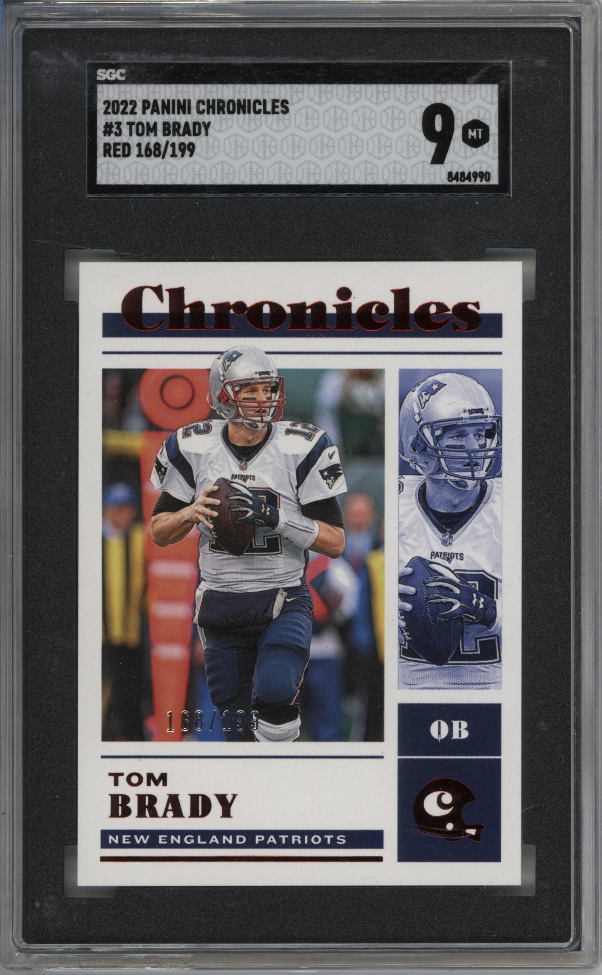 Tom Brady from the 2022 Panini Chronicles set featuring a Red parallel graded by SGC and given an overall grade of 9.