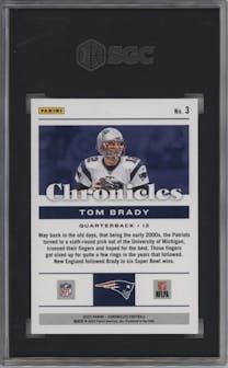 Tom Brady from the 2022 Panini Chronicles set featuring a Red parallel graded by SGC and given an overall grade of 9.