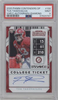 Tua Tagovailoa from the 2020 Panini Contenders Draft Picks set featuring a Diamond parallel graded by PSA and given an overall grade of 9.