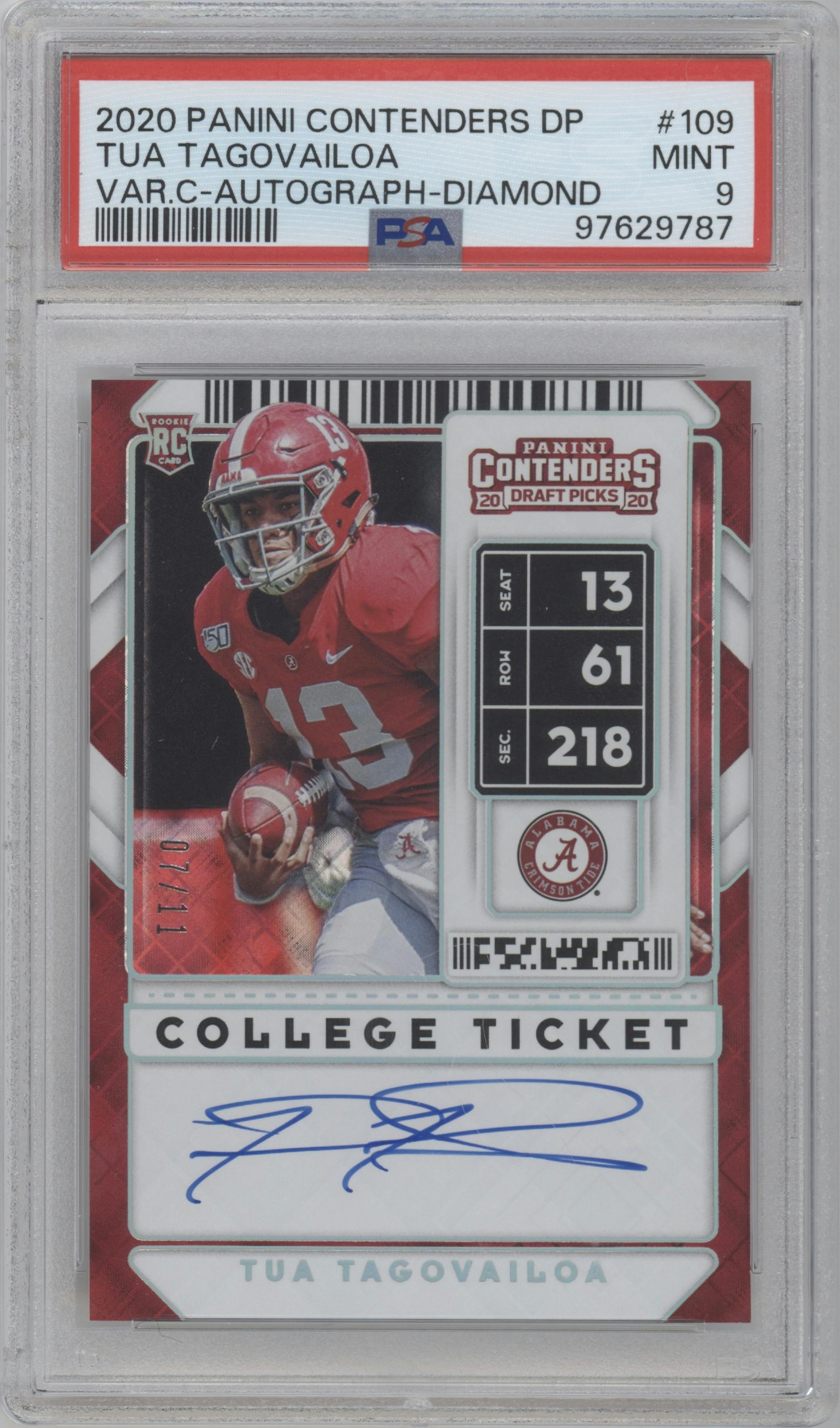 Tua Tagovailoa from the 2020 Panini Contenders Draft Picks set featuring a Diamond parallel graded by PSA and given an overall grade of 9.