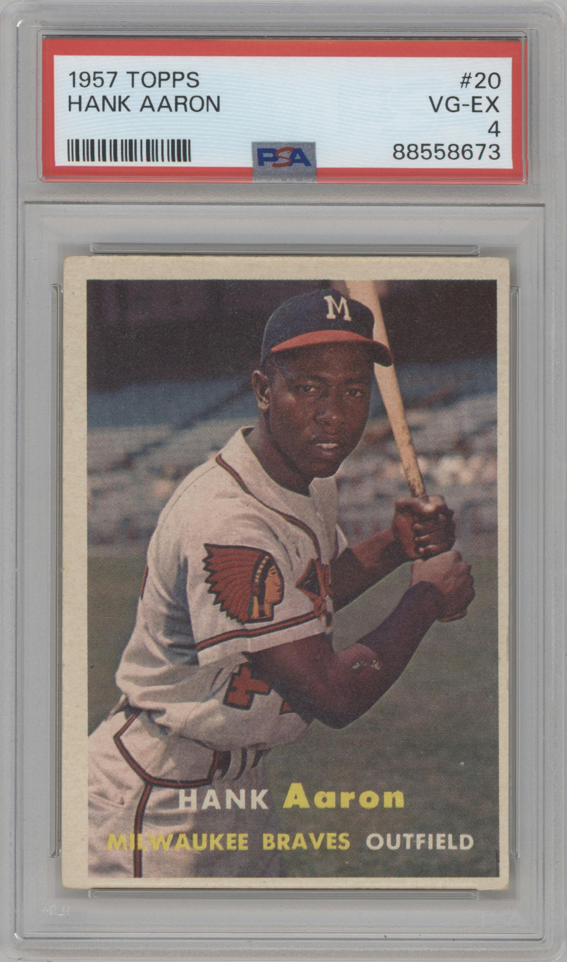 Hank Aaron from the 1957 Topps set graded by PSA and given an overall grade of 4.
