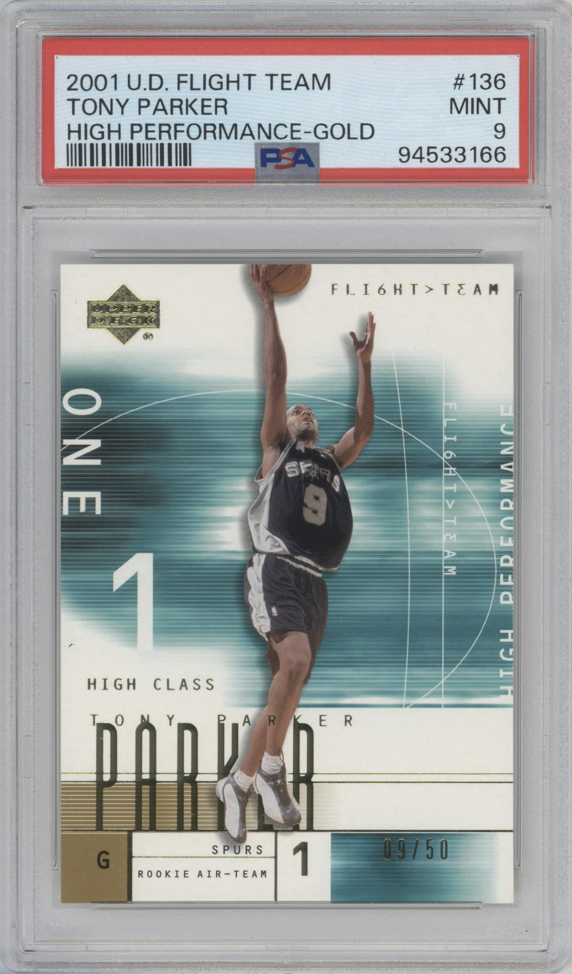 Tony Parker from the 2001-02 UD Flight Team set featuring a Gold parallel graded by PSA and given an overall grade of 9.