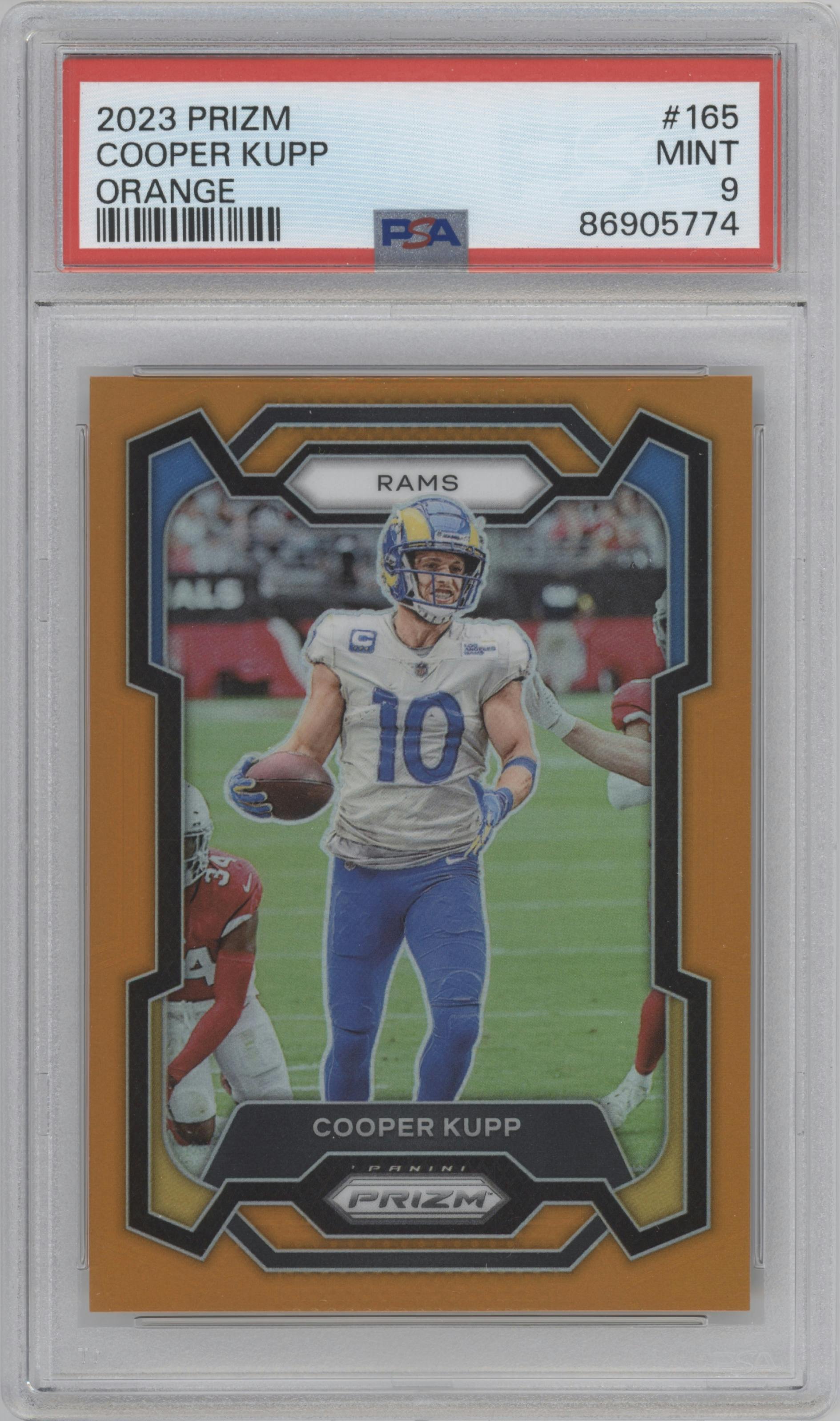 Cooper Kupp from the 2023 Panini Prizm set featuring a Orange Prizm parallel graded by PSA and given an overall grade of 9.