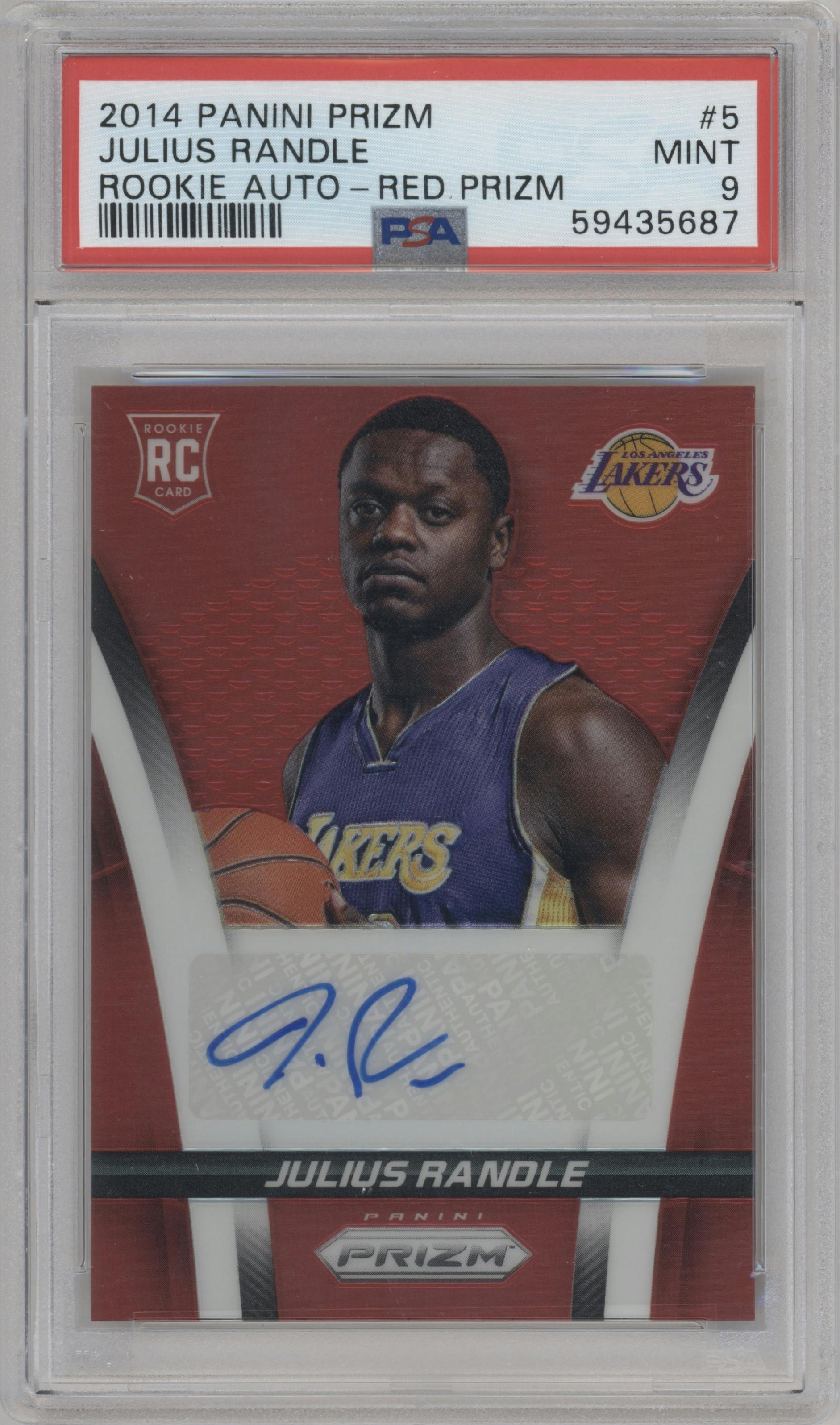 Julius Randle from the 2014-15 Panini Prizm set featuring a Red Prizm parallel graded by PSA and given an overall grade of 9.