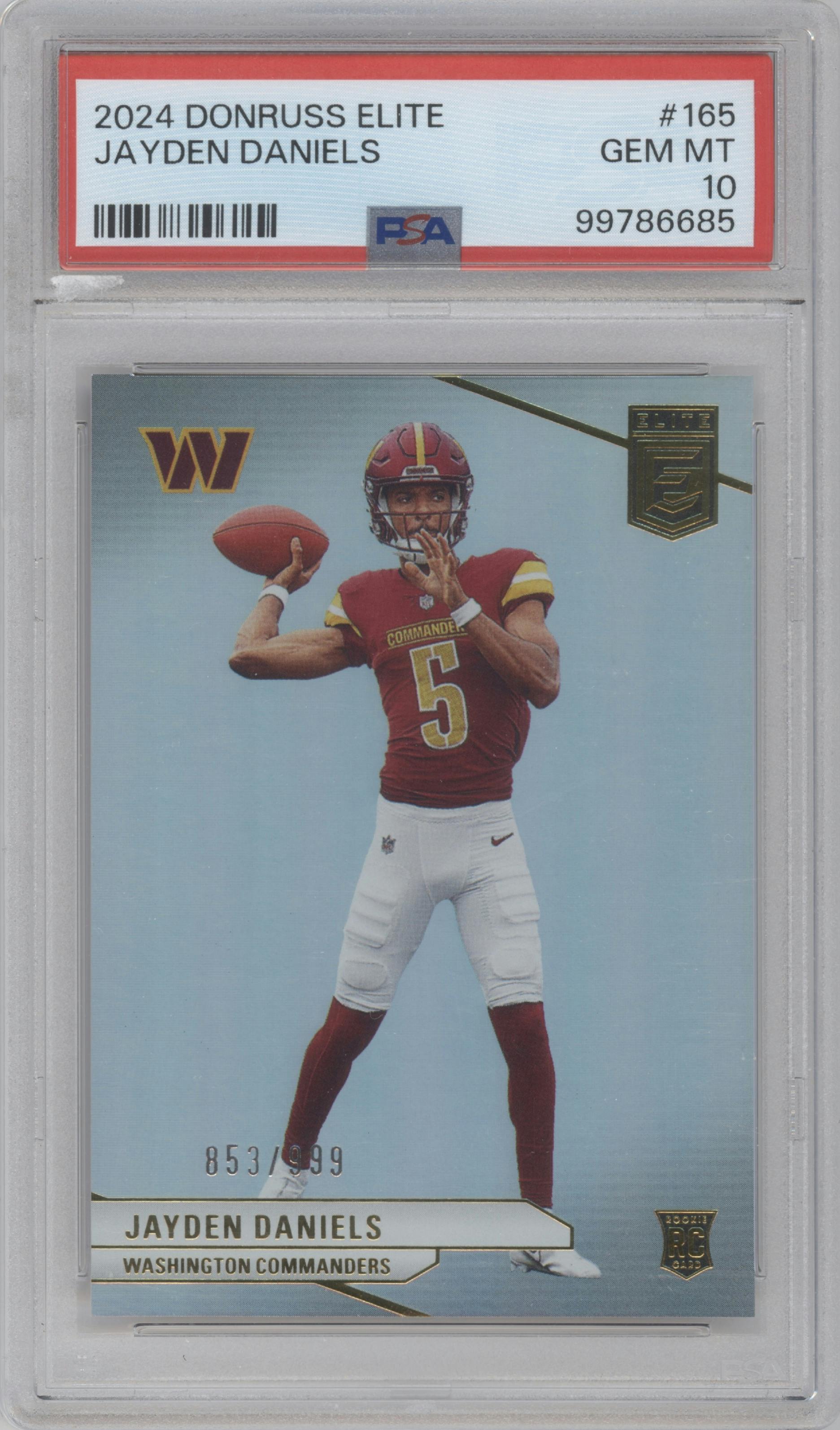 Jayden Daniels from the 2024 Panini Donruss Elite set graded by PSA and given an overall grade of 10.