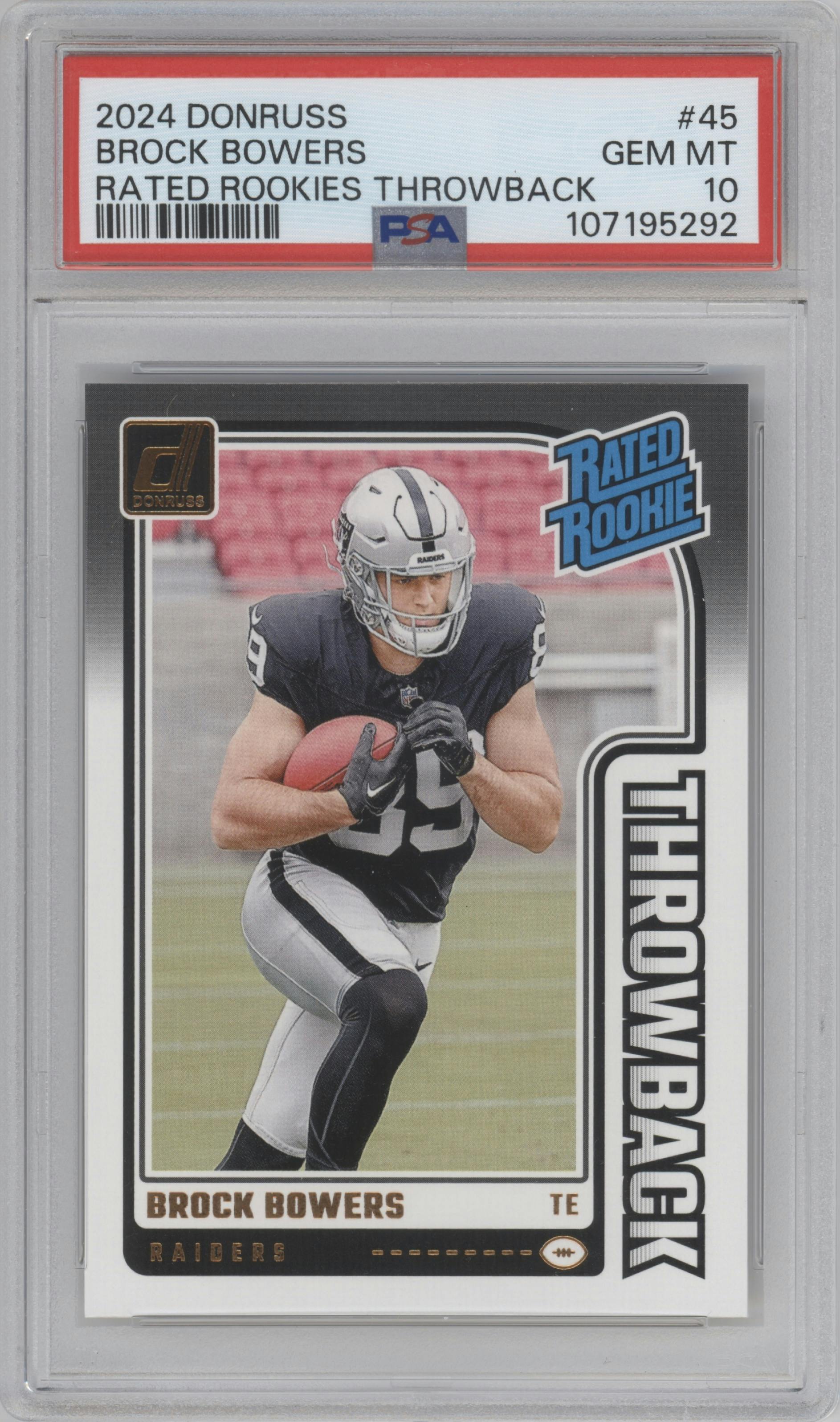 Brock Bowers from the 2024 Donruss set graded by PSA and given an overall grade of 10.