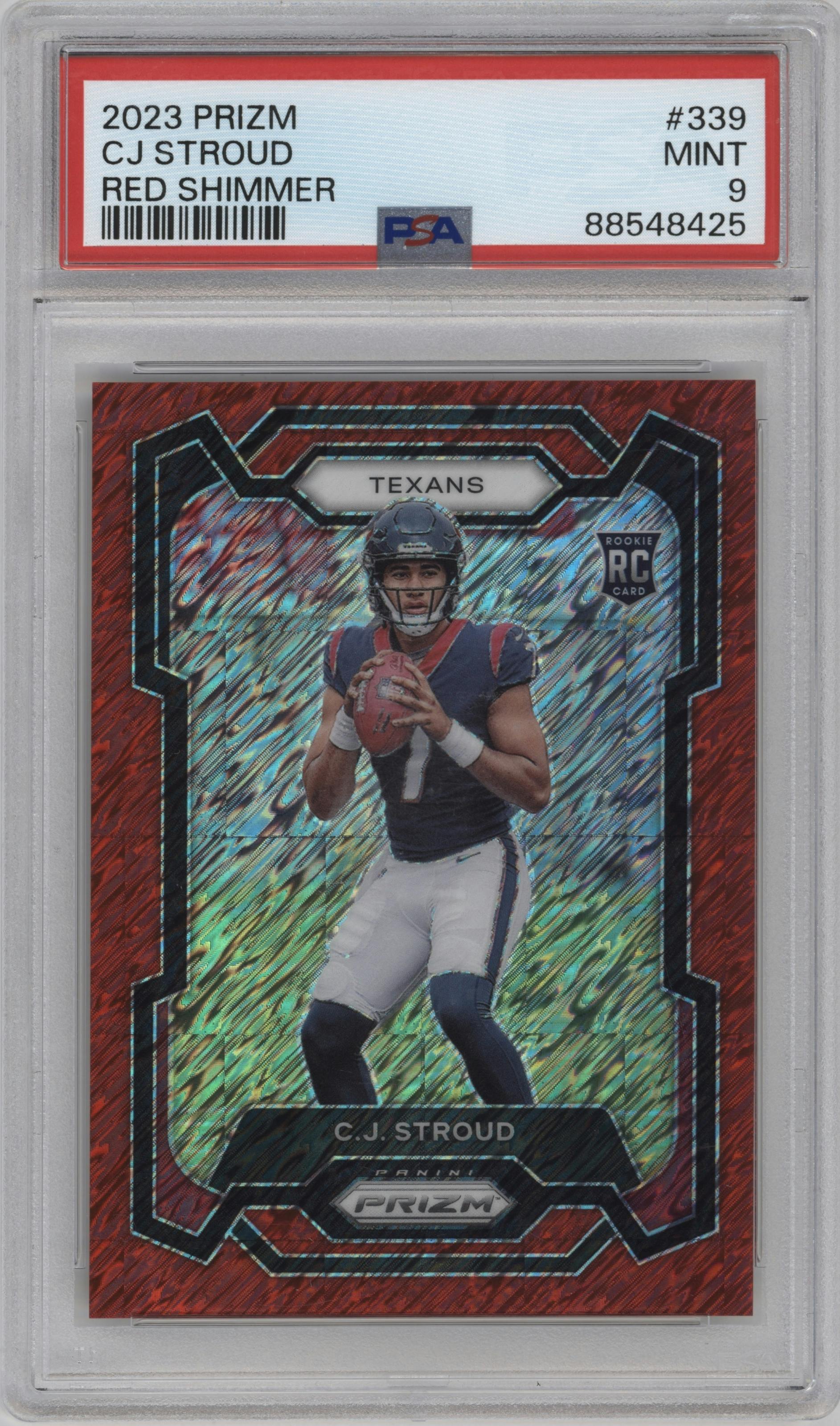 C.J. Stroud from the 2023 Panini Prizm set featuring a Red Shimmer parallel graded by PSA and given an overall grade of 9.