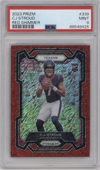 C.J. Stroud from the 2023 Panini Prizm set featuring a Red Shimmer parallel graded by PSA and given an overall grade of 9.