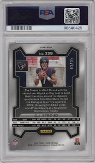 C.J. Stroud from the 2023 Panini Prizm set featuring a Red Shimmer parallel graded by PSA and given an overall grade of 9.