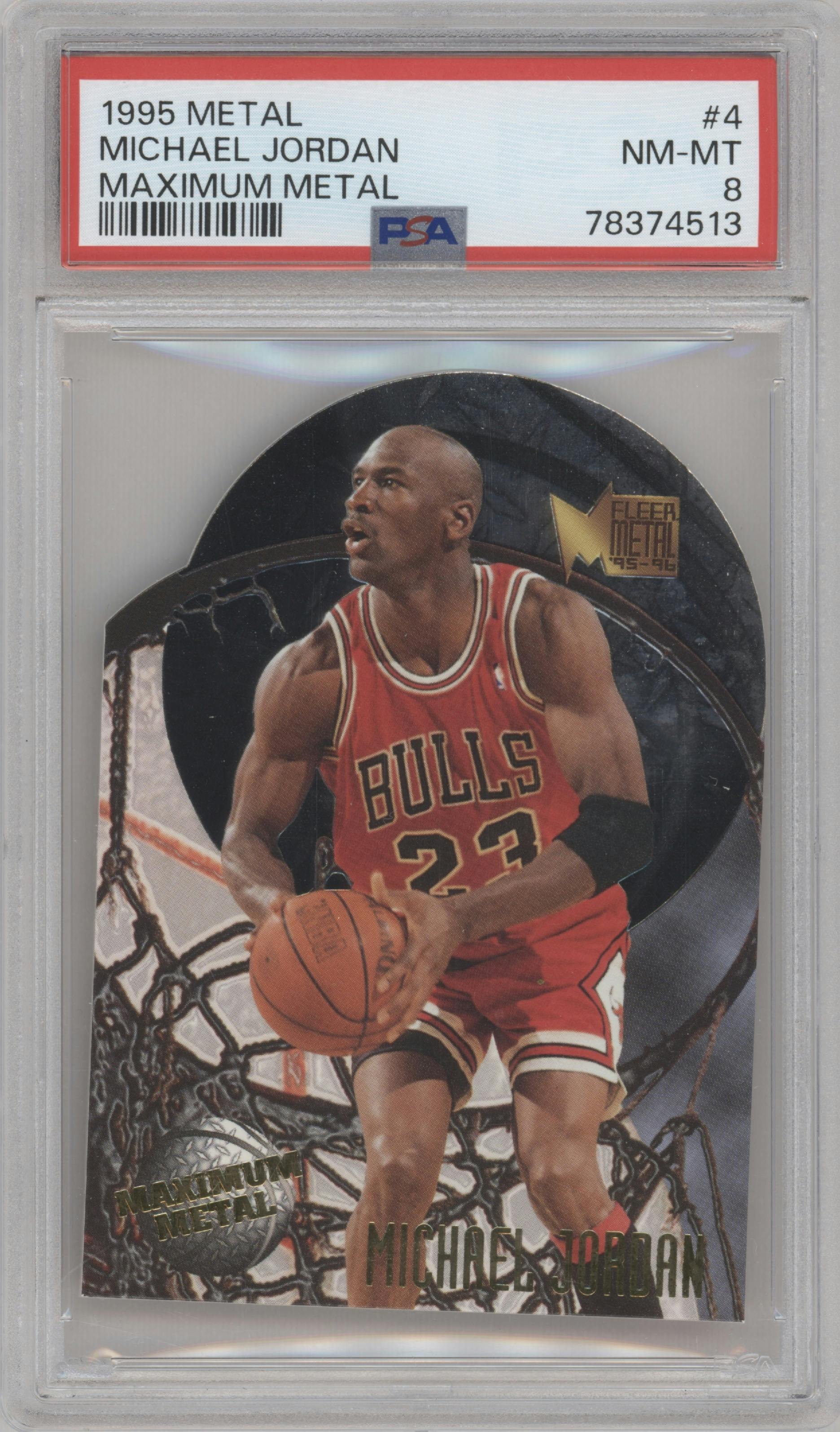 Michael Jordan from the 1995-96 Fleer Metal set graded by PSA and given an overall grade of 8.