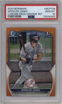 Spencer Jones from the 2023 Bowman  set featuring a Orange Refractor parallel graded by PSA and given an overall grade of 10.