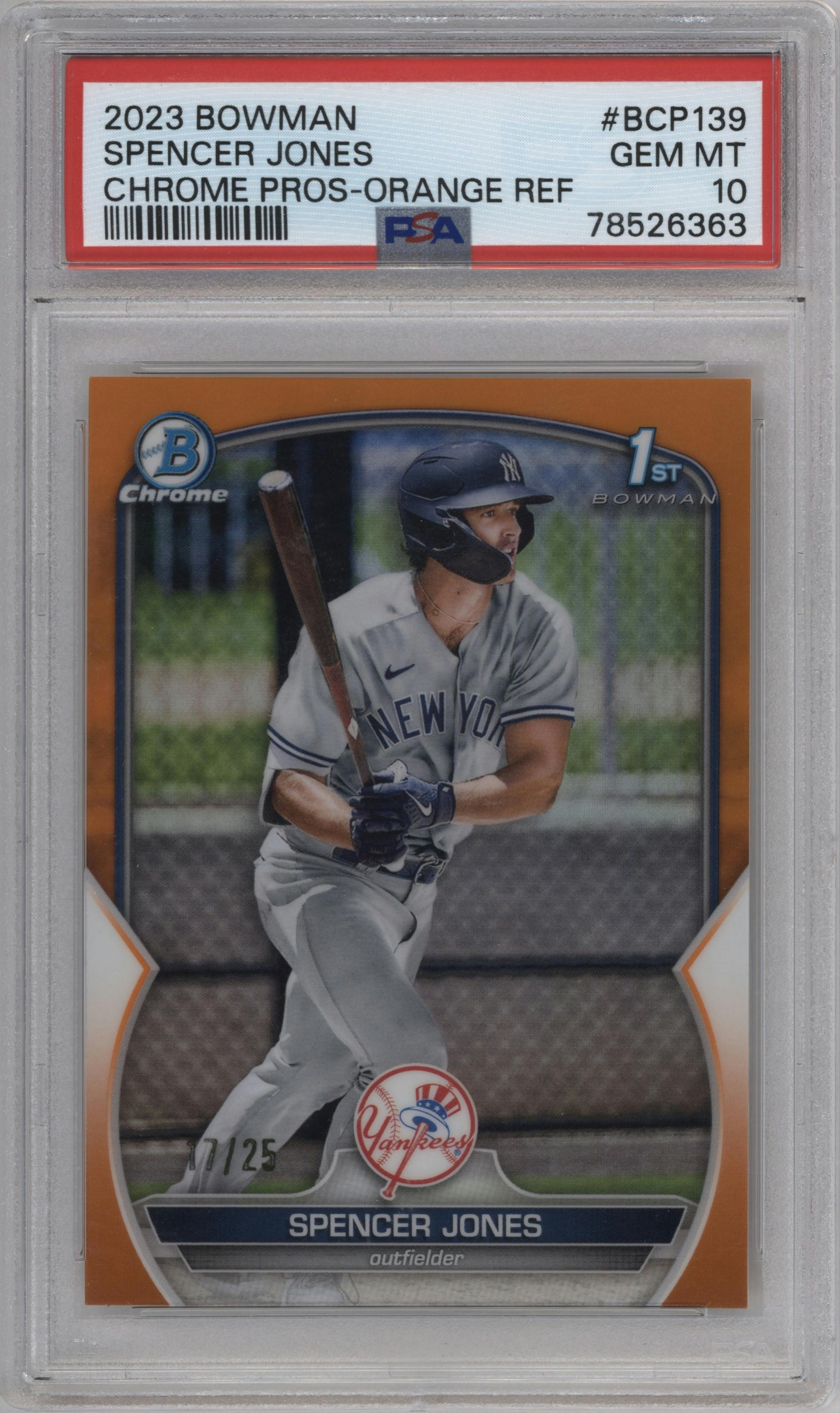 Spencer Jones from the 2023 Bowman  set featuring a Orange Refractor parallel graded by PSA and given an overall grade of 10.
