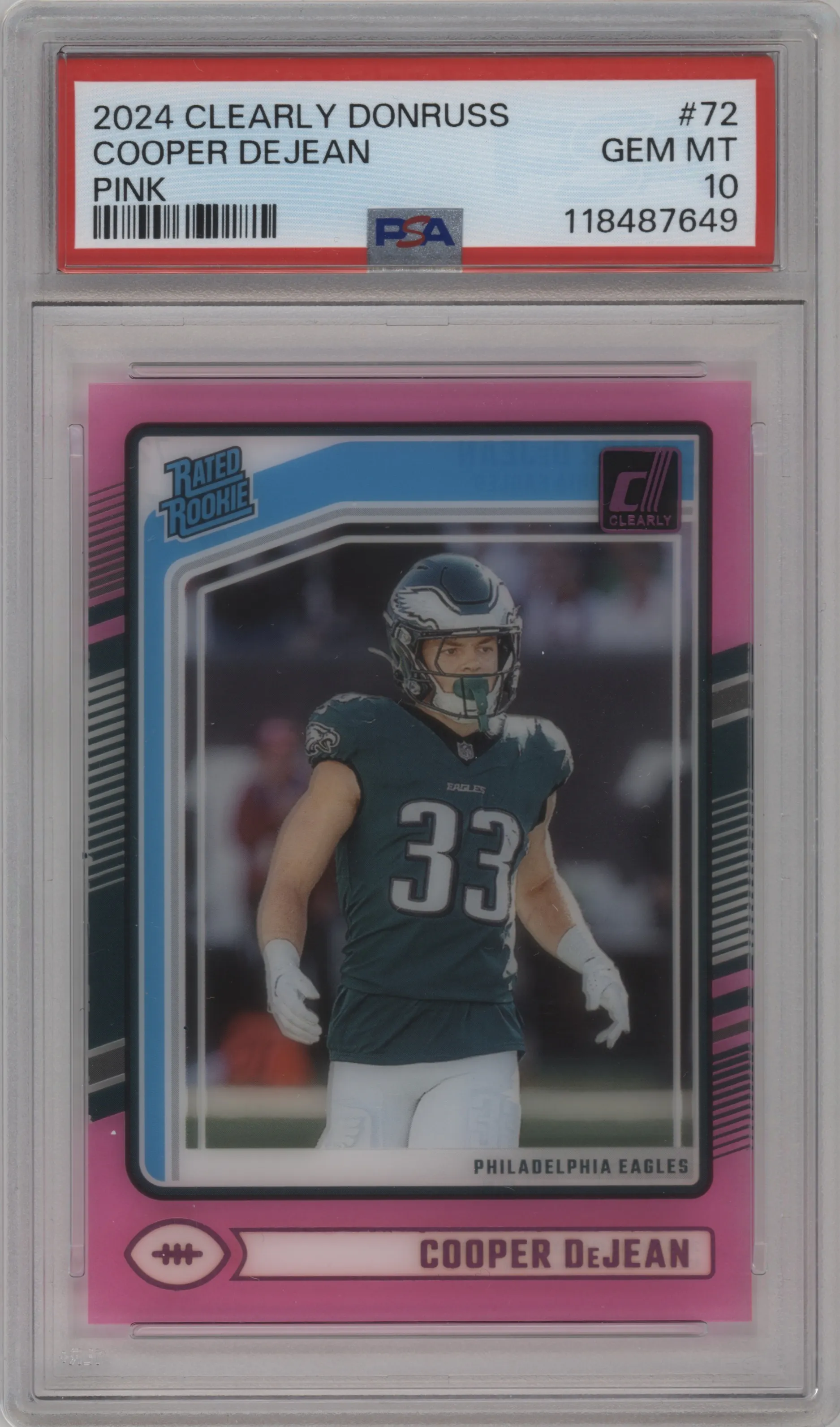 2024 Panini Clearly Donruss Rated Rookie Cooper DeJean Pink #72 PSA 10