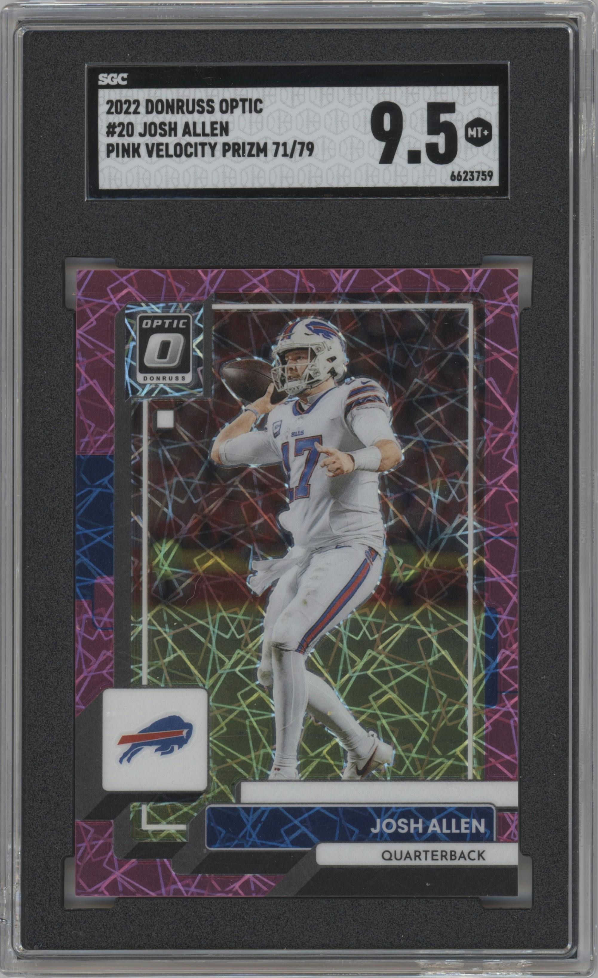 Josh Allen from the 2022 Panini Donruss Optic set featuring a  Pink Velocity parallel graded by SGC and given an overall grade of 9.5.