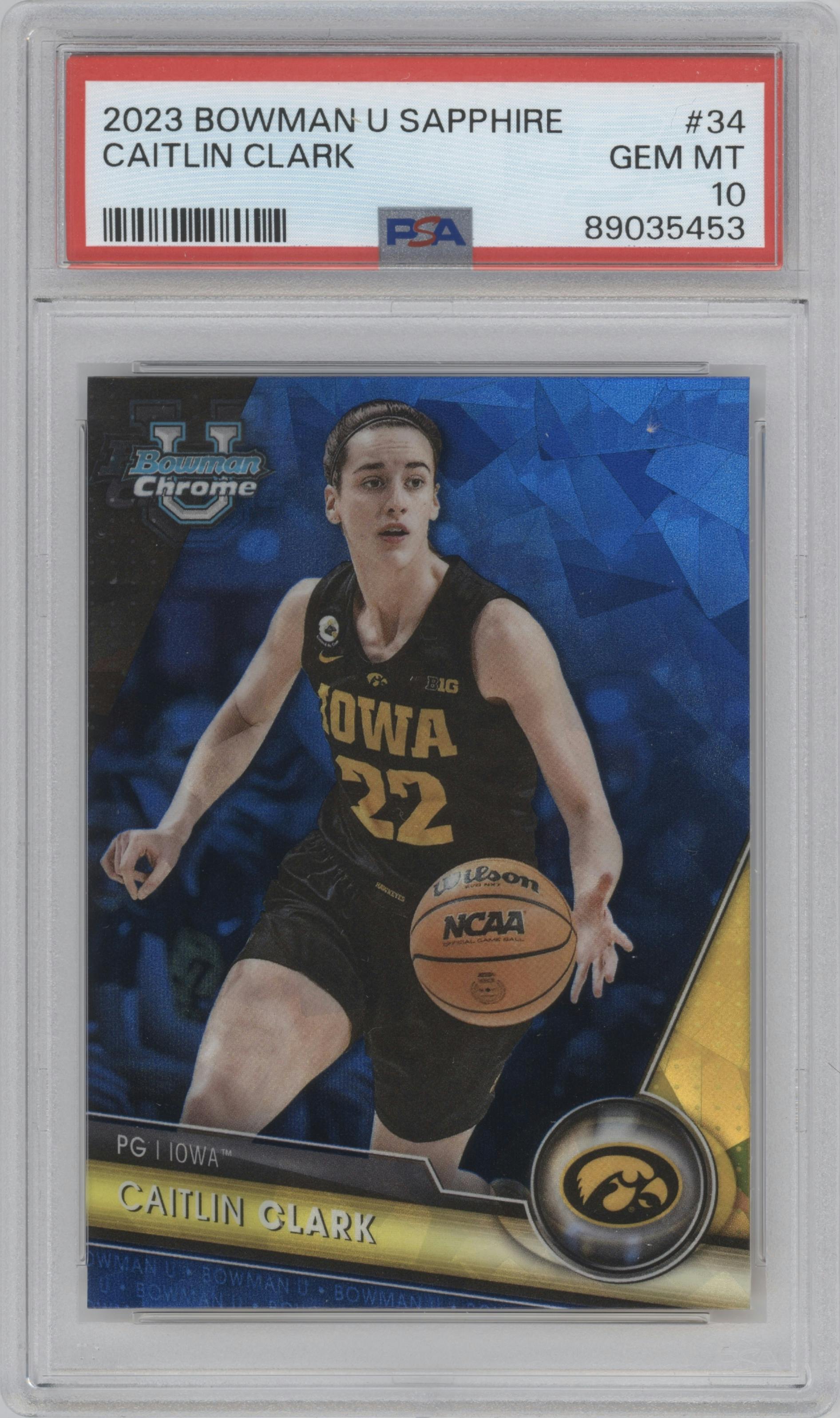 Caitlin Clark from the 2023-24 Bowman U Chrome Sapphire set graded by PSA and given an overall grade of 10.