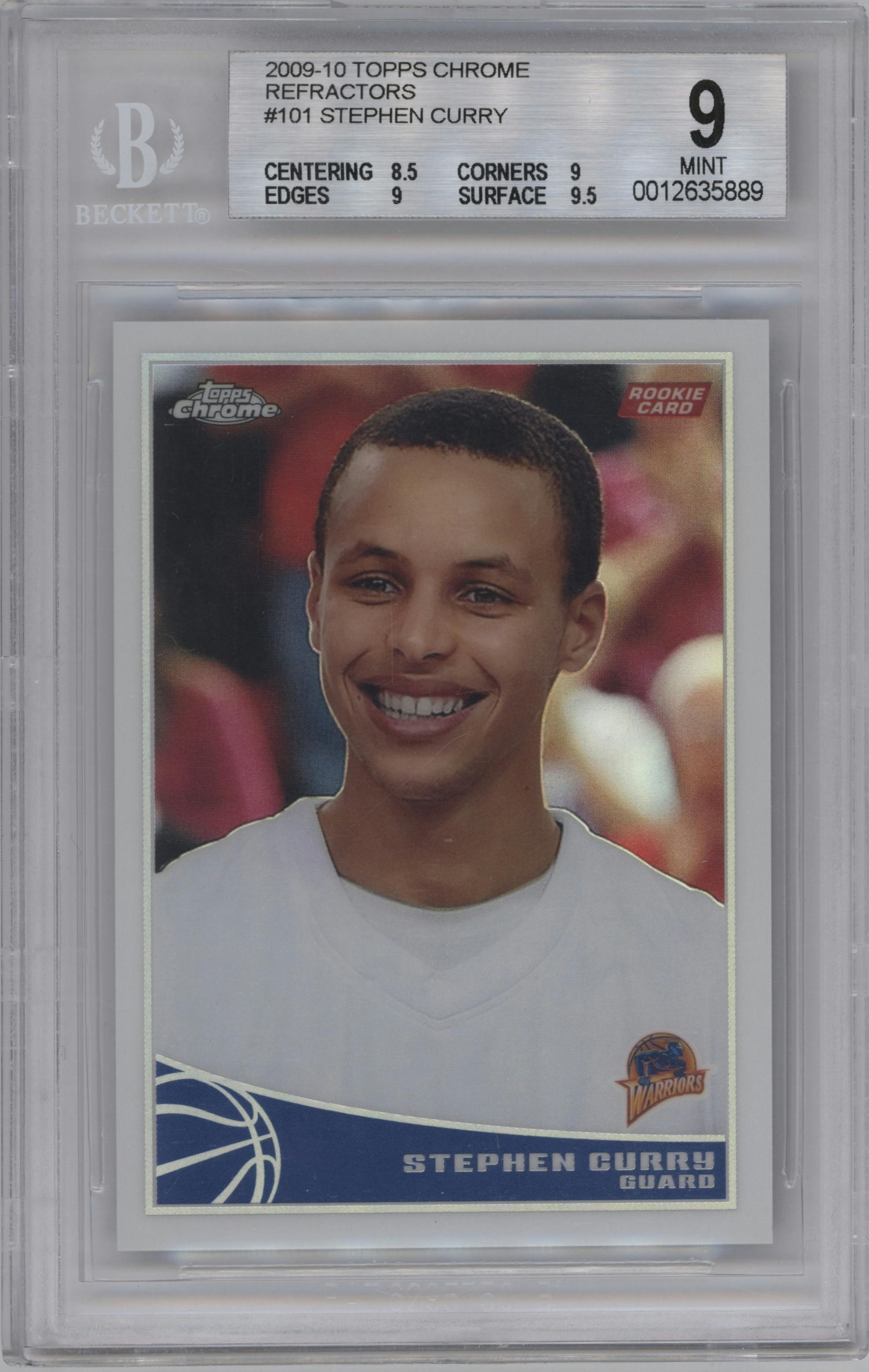 Stephen Curry from the 2009-10 Topps Chrome set featuring a Refractor parallel graded by Beckett and given an overall grade of 9.